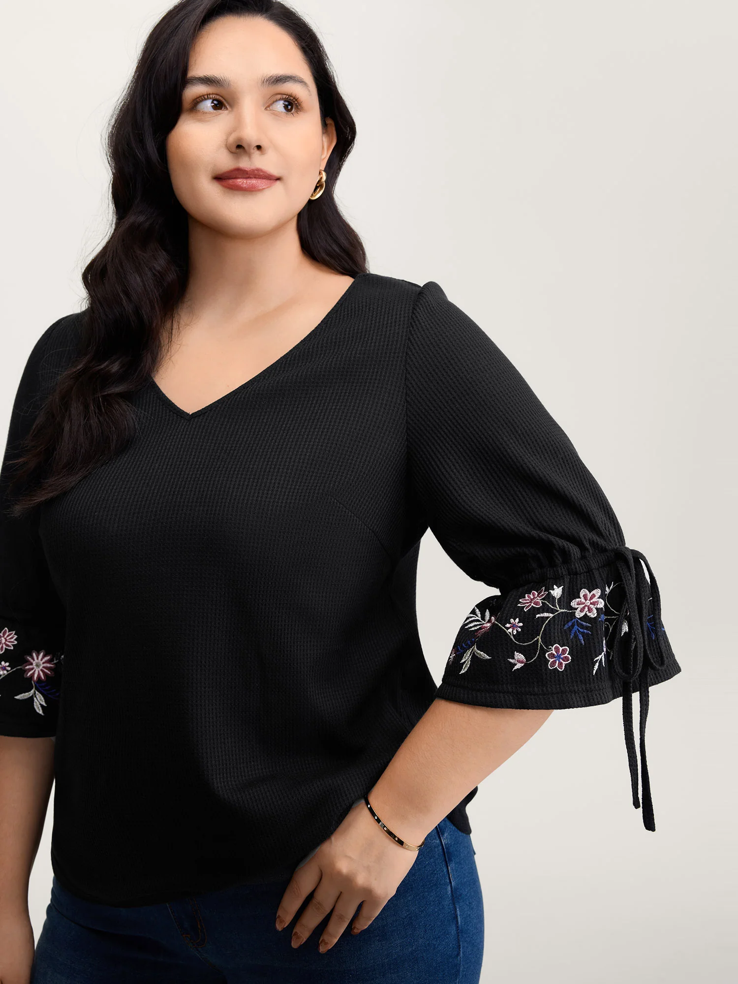 Floral Sleeve Embroidery Drawstring Knit Top - Image 2
