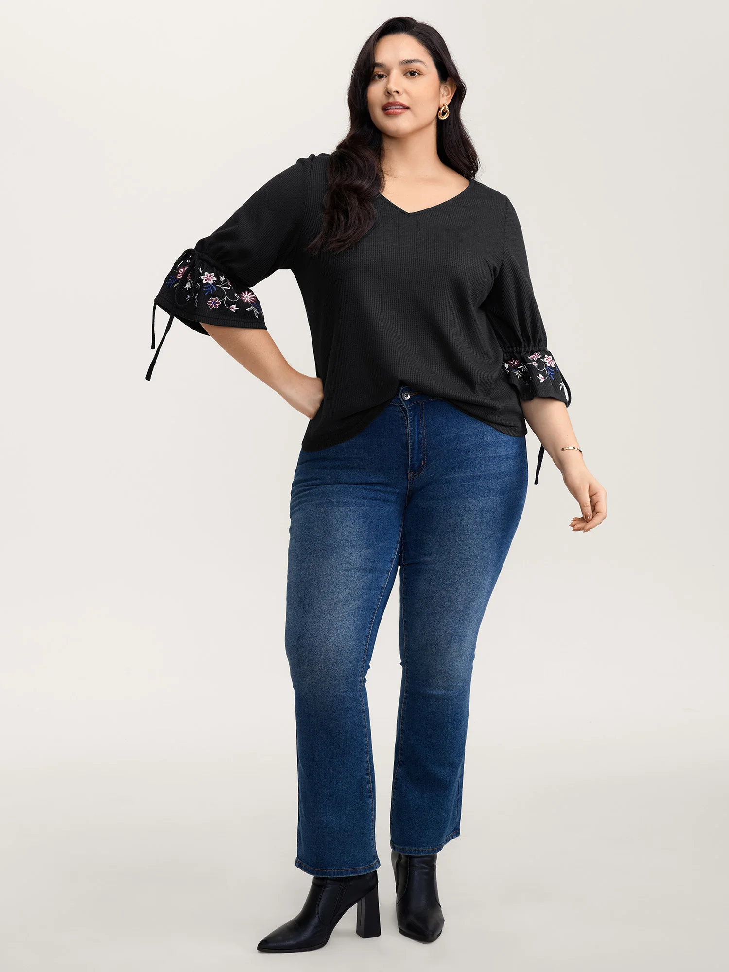 Floral Sleeve Embroidery Drawstring Knit Top - Image 3