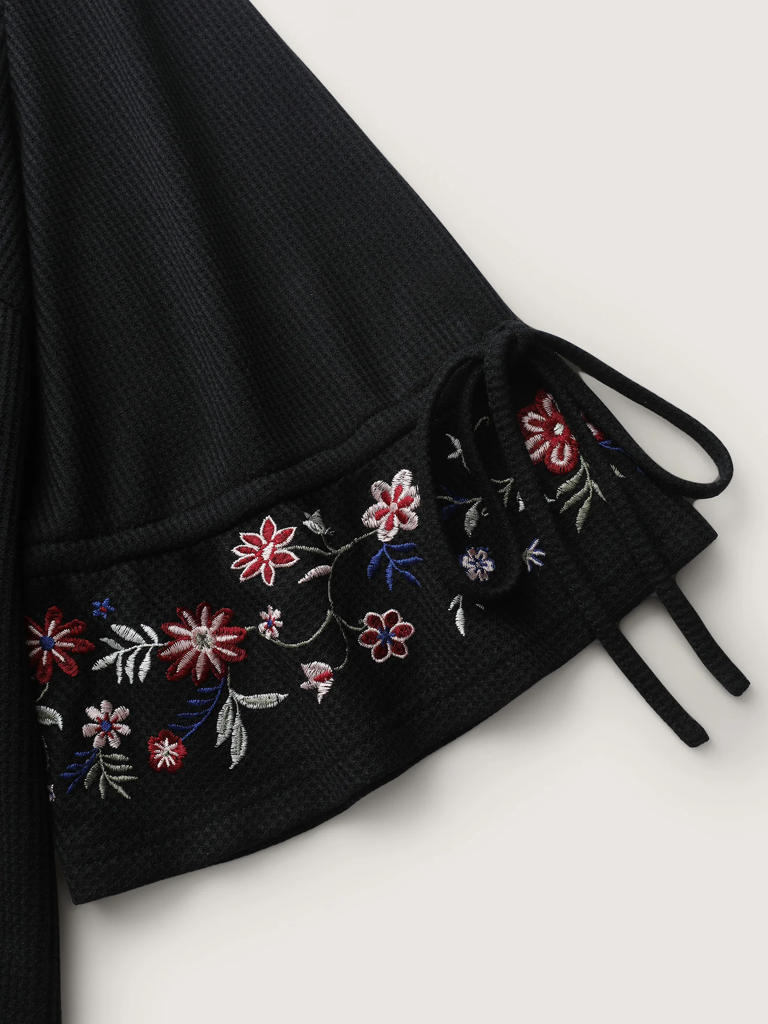 Floral Sleeve Embroidery Drawstring Knit Top - Image 5