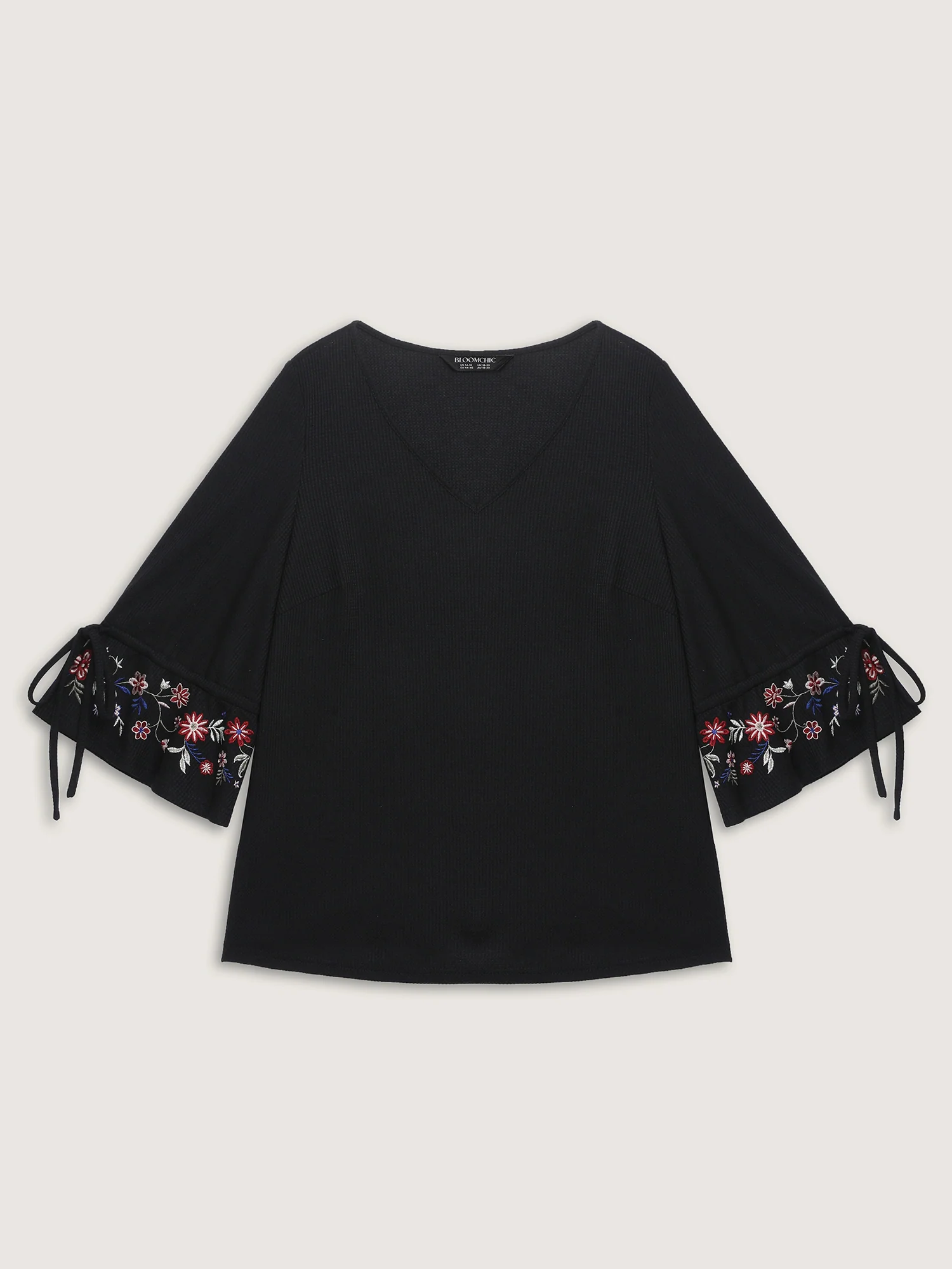 Floral Sleeve Embroidery Drawstring Knit Top - Image 7