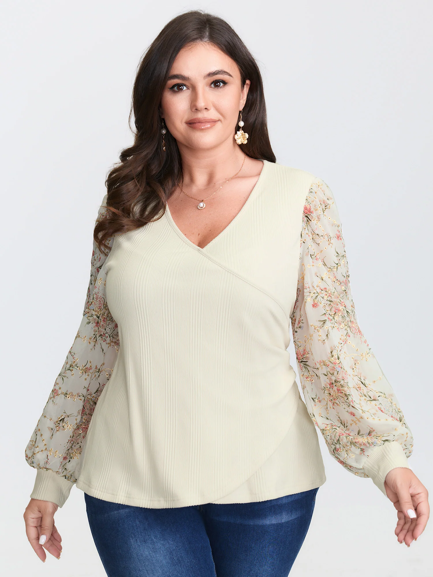 Floral Sleeve Wrap Knit Top
