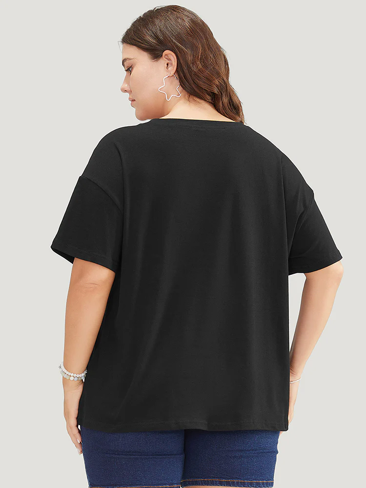 Floral & Slogan Print Slightly Stretchy Casual T-shirt - Image 2