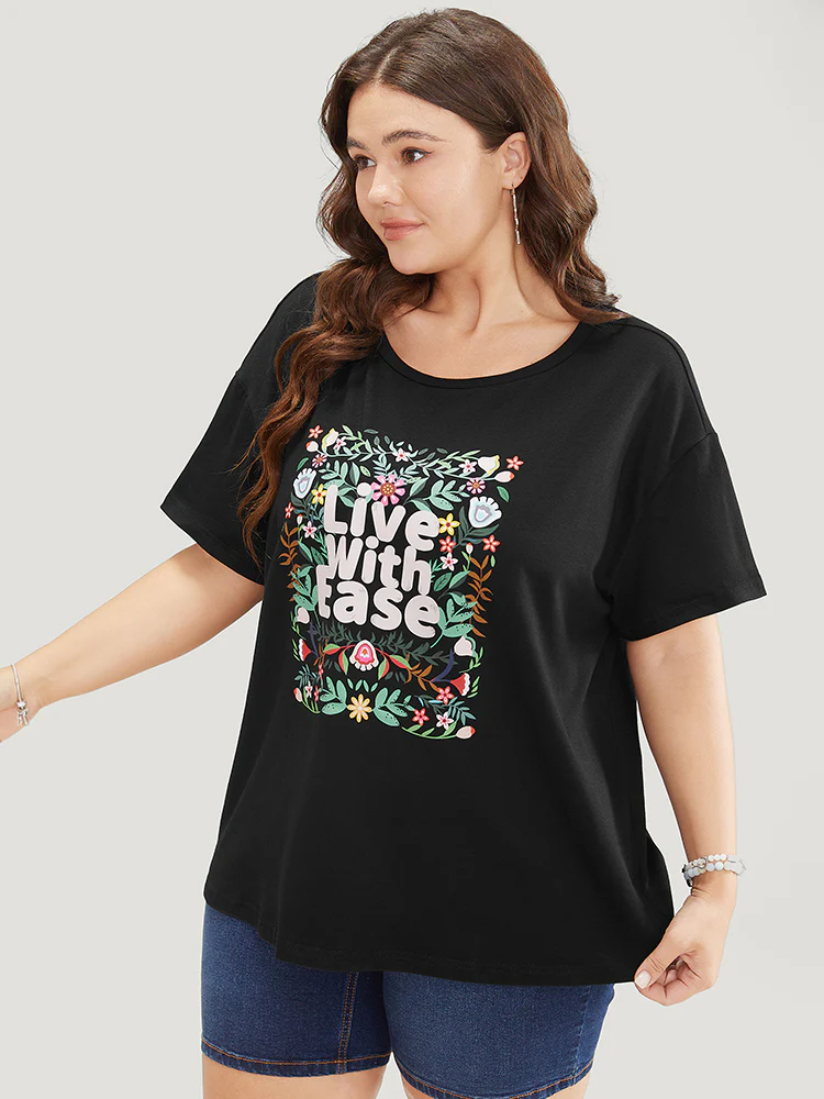 Floral & Slogan Print Slightly Stretchy Casual T-shirt - Image 3