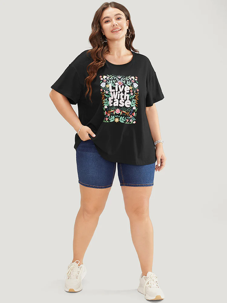 Floral & Slogan Print Slightly Stretchy Casual T-shirt - Image 4