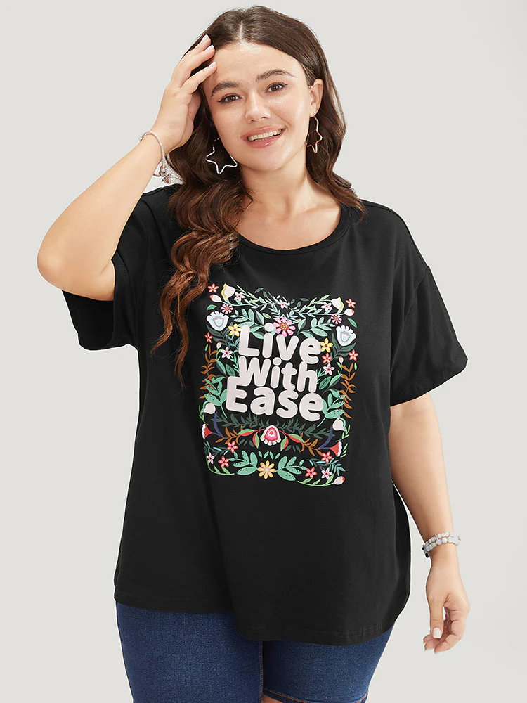 Floral & Slogan Print Slightly Stretchy Casual T-shirt - Image 5