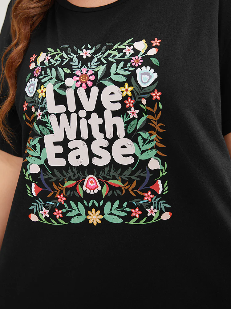 Floral & Slogan Print Slightly Stretchy Casual T-shirt - Image 6