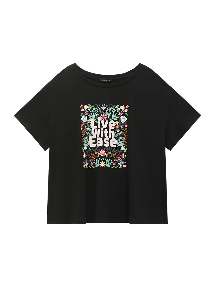 Floral & Slogan Print Slightly Stretchy Casual T-shirt - Image 7