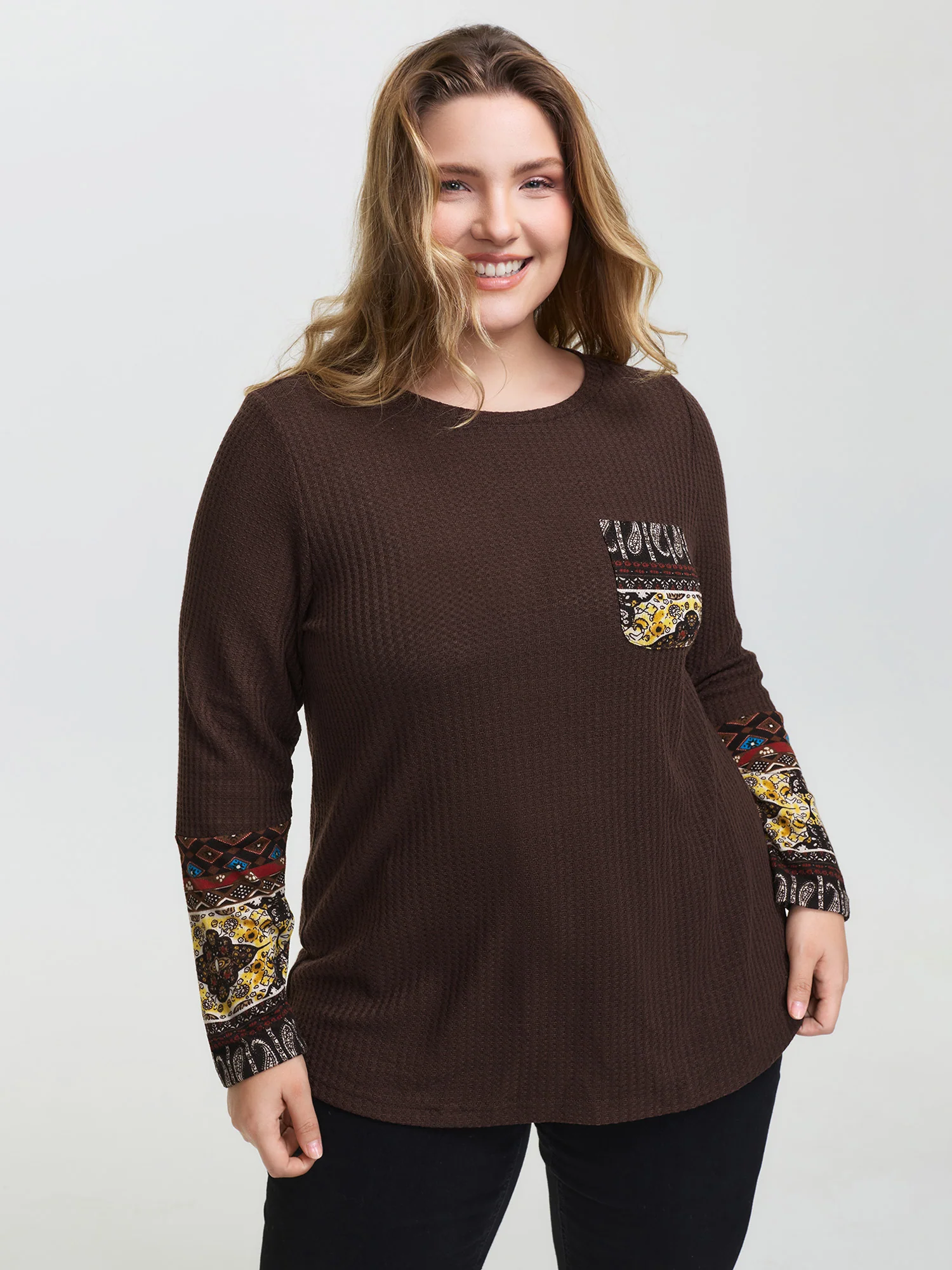 Floral Spliced Knit Textured T-Shirt - Image 2