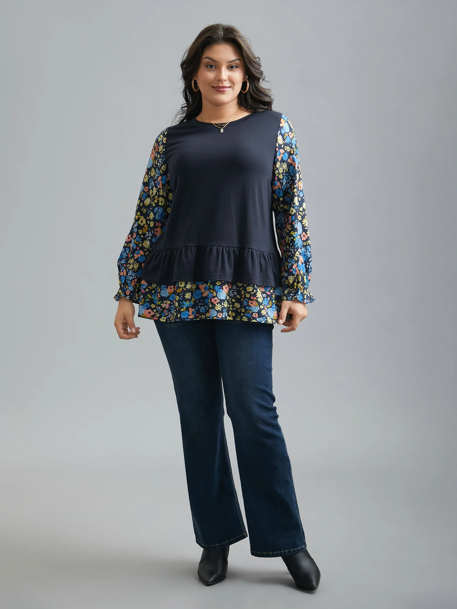 Floral Spliced Tiered Hem T-Shirt - Image 4