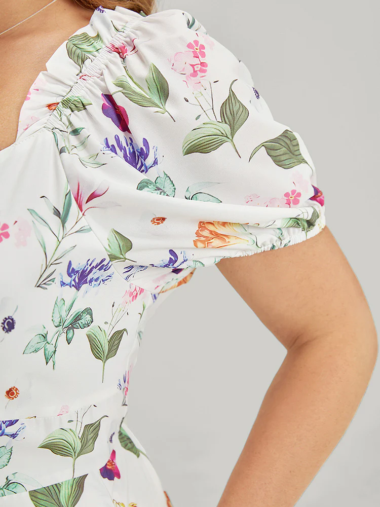 Floral Split Hem Button Detail Pocket Ruched Puff Sleeve  Dress - Image 10