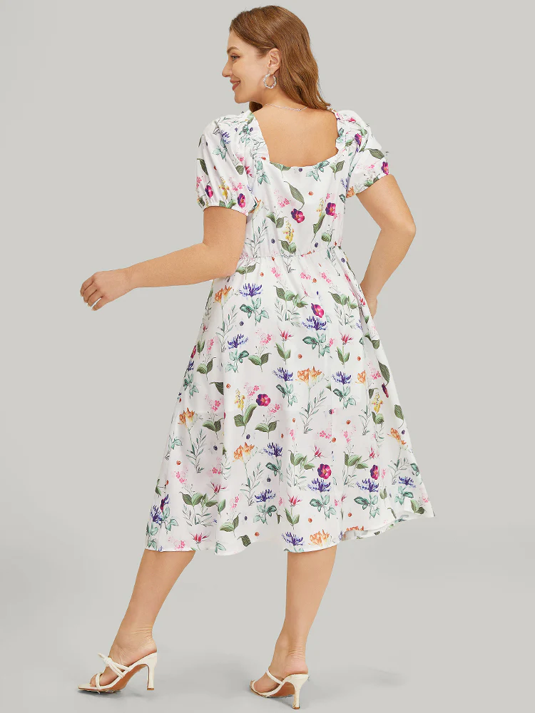Floral Split Hem Button Detail Pocket Ruched Puff Sleeve  Dress - Image 2