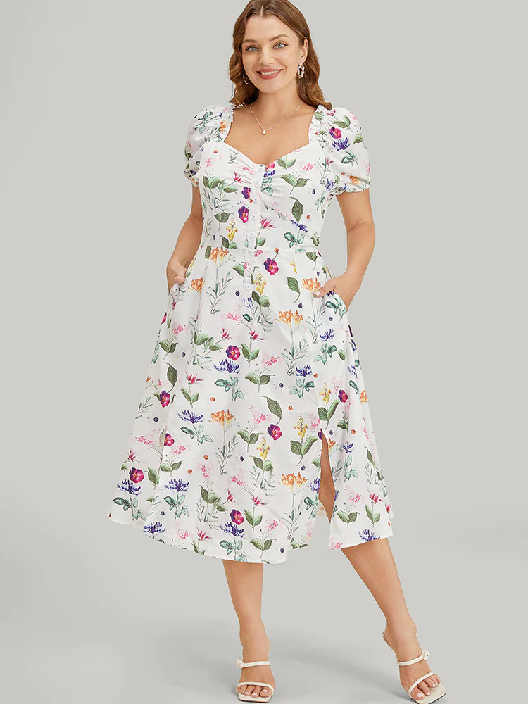 Floral Split Hem Button Detail Pocket Ruched Puff Sleeve  Dress - Image 3