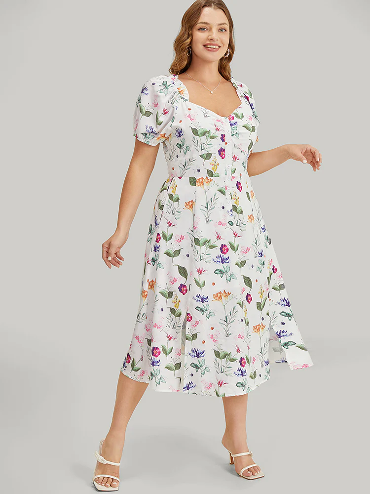 Floral Split Hem Button Detail Pocket Ruched Puff Sleeve  Dress - Image 4