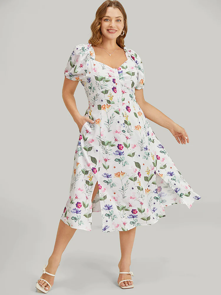 Floral Split Hem Button Detail Pocket Ruched Puff Sleeve  Dress - Image 5