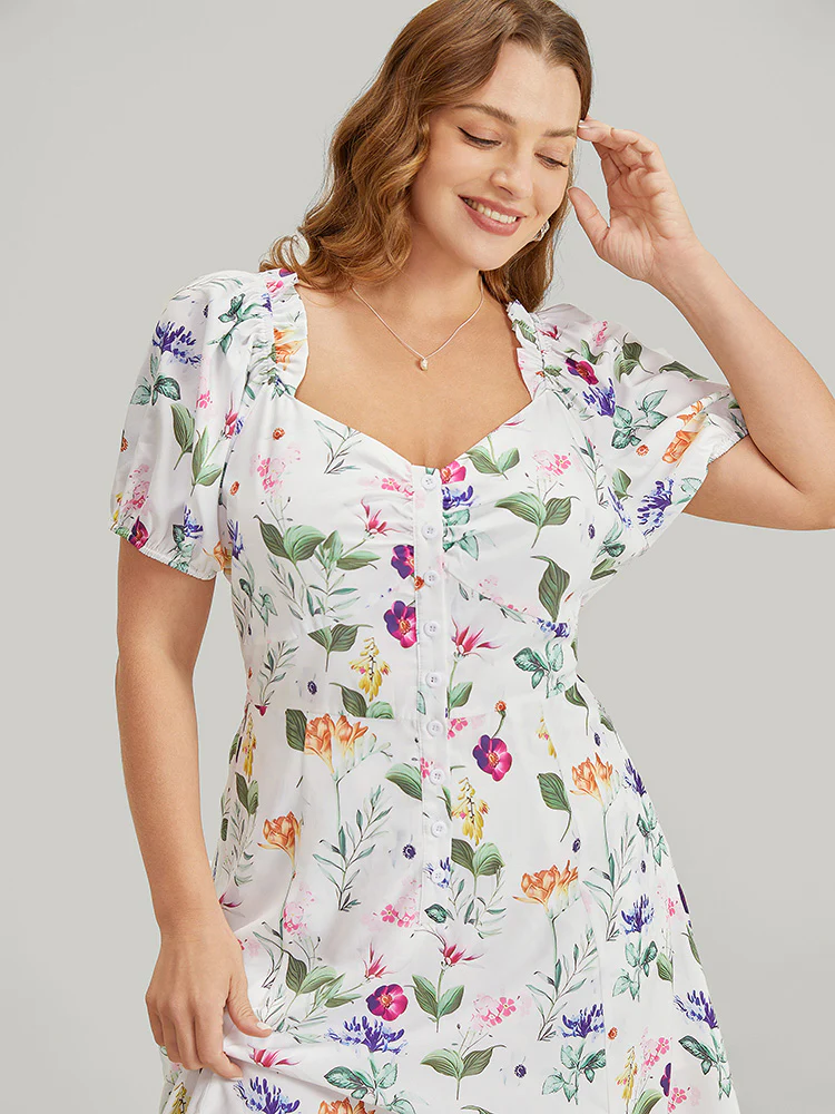 Floral Split Hem Button Detail Pocket Ruched Puff Sleeve  Dress - Image 6