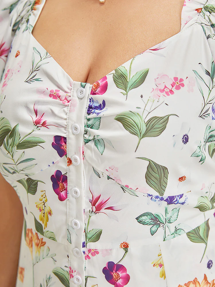 Floral Split Hem Button Detail Pocket Ruched Puff Sleeve  Dress - Image 7