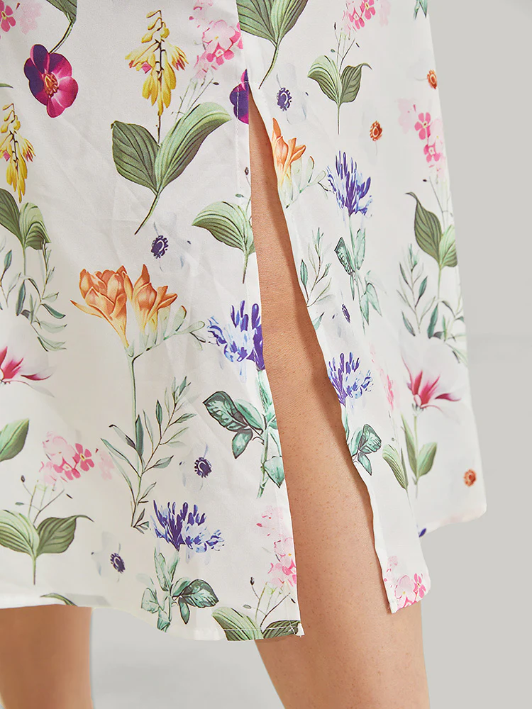 Floral Split Hem Button Detail Pocket Ruched Puff Sleeve  Dress - Image 8