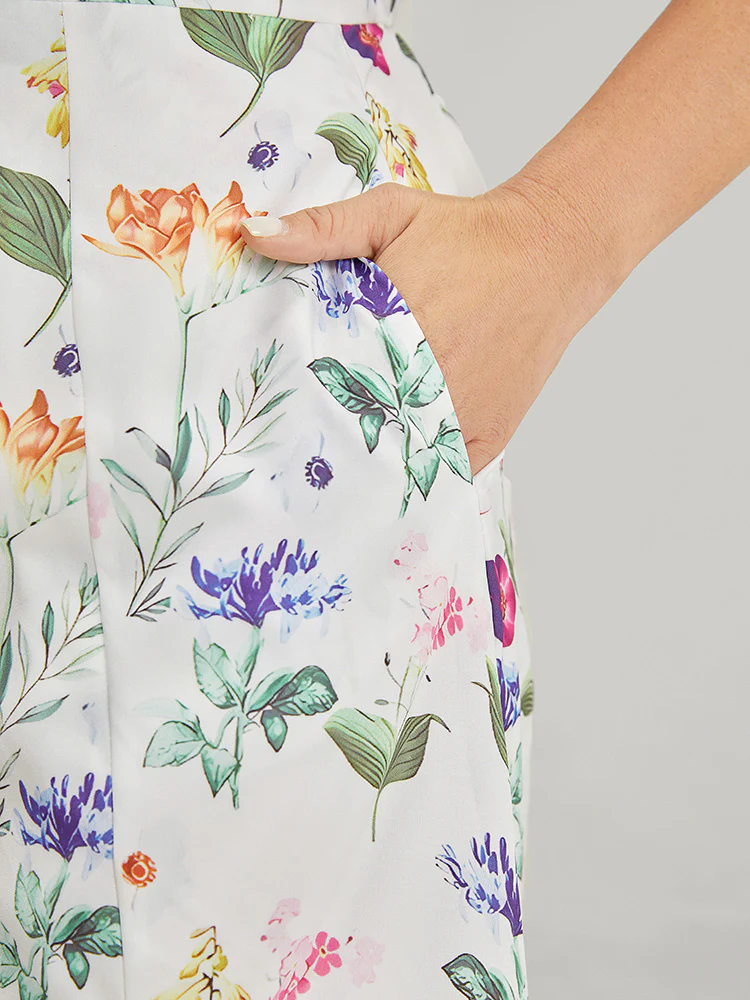 Floral Split Hem Button Detail Pocket Ruched Puff Sleeve  Dress - Image 9
