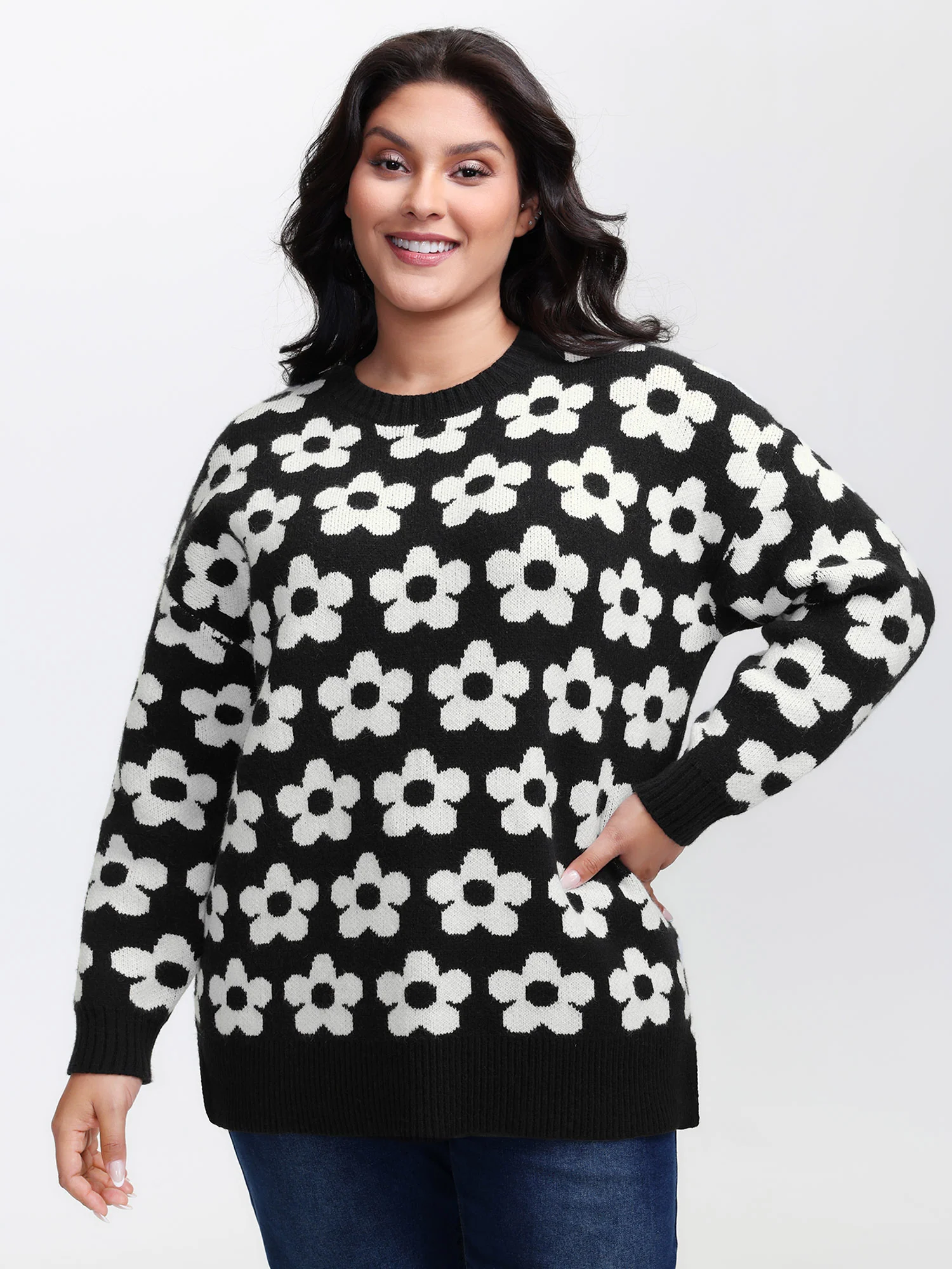 Floral Split Hem Color Contrast Pullover - Image 2
