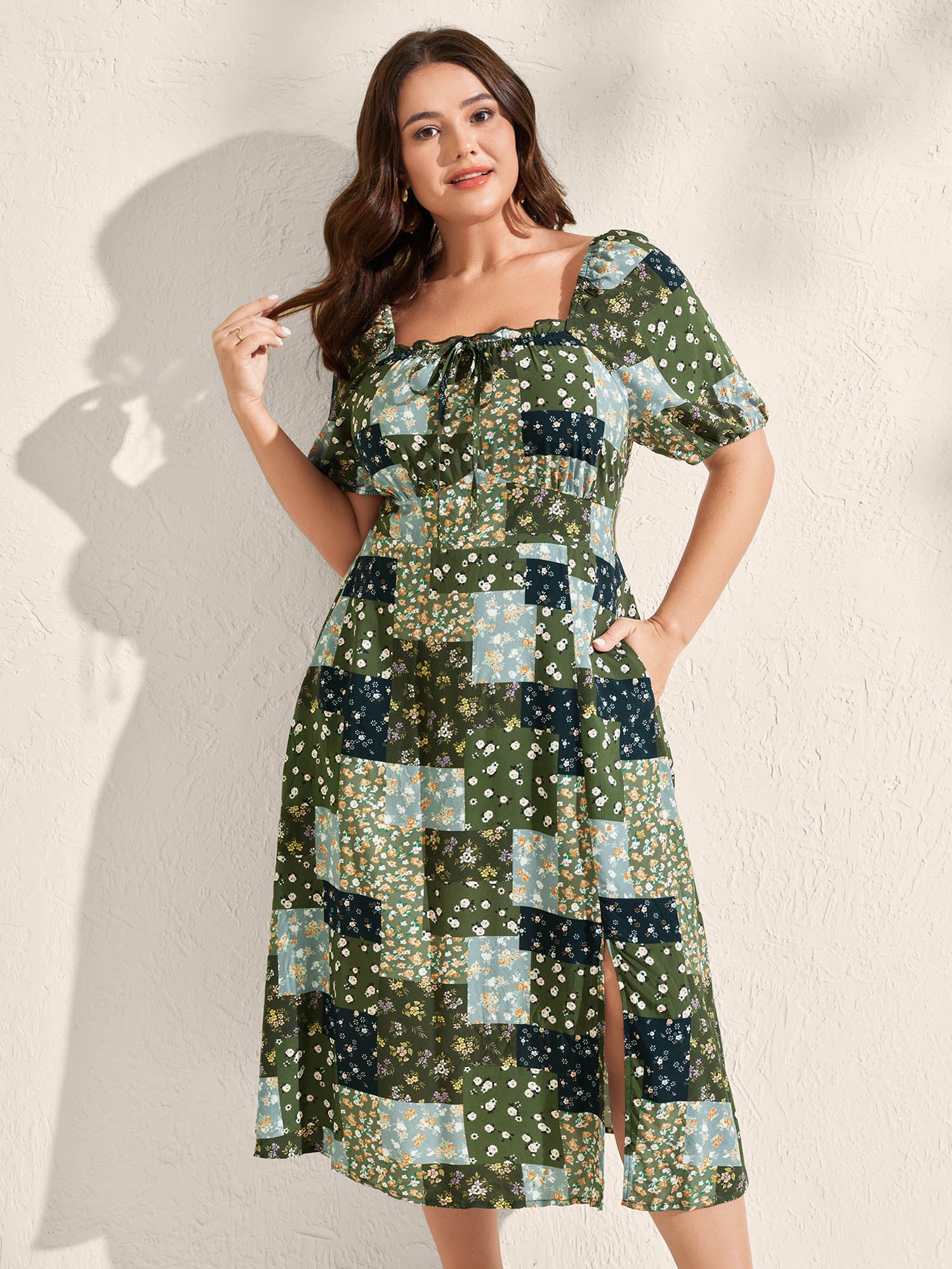 Floral Split Hem Neck Tie Midi Dress - Image 3