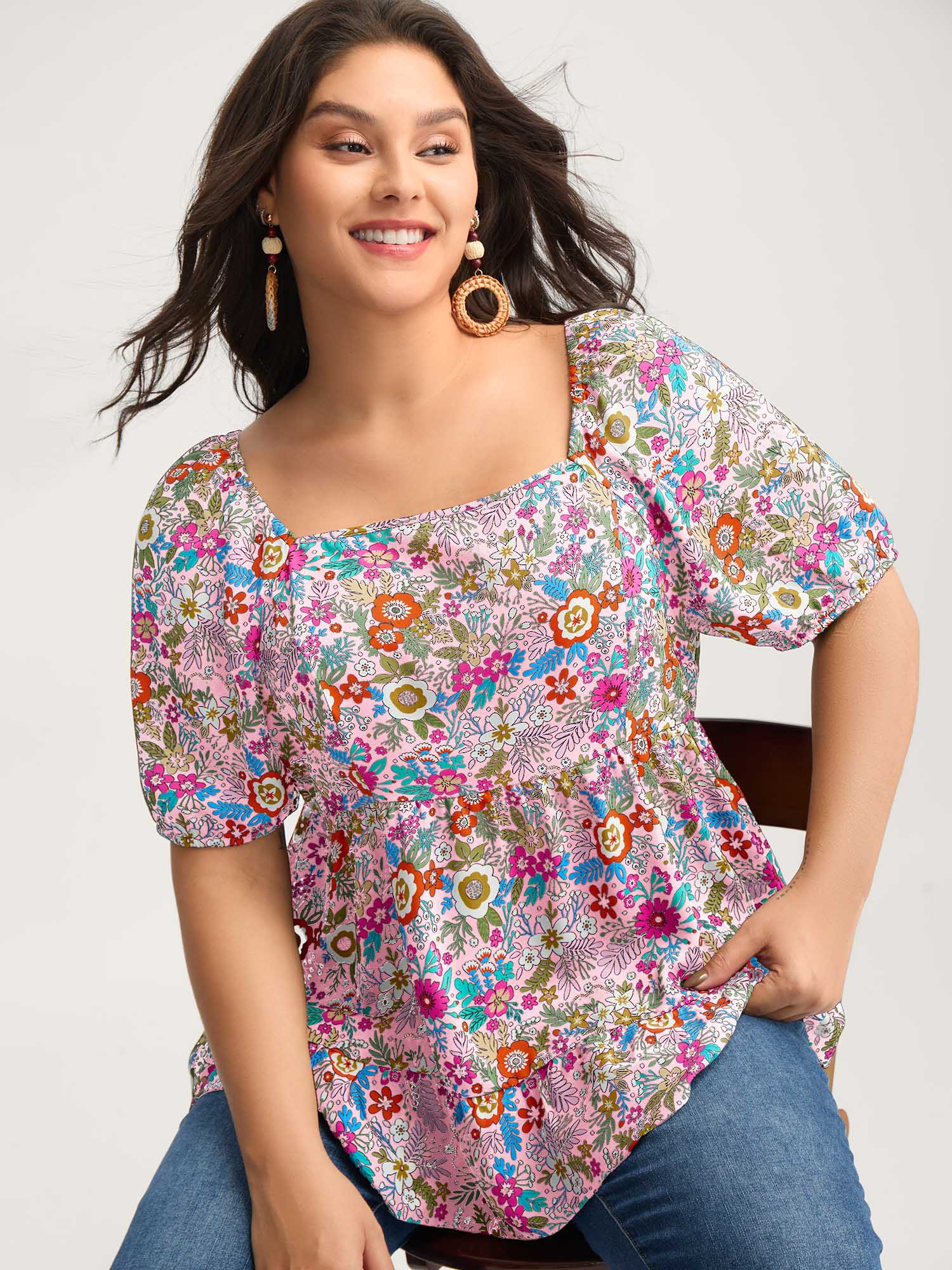 Floral Square Neck Fit and Flare Blouse - Image 13