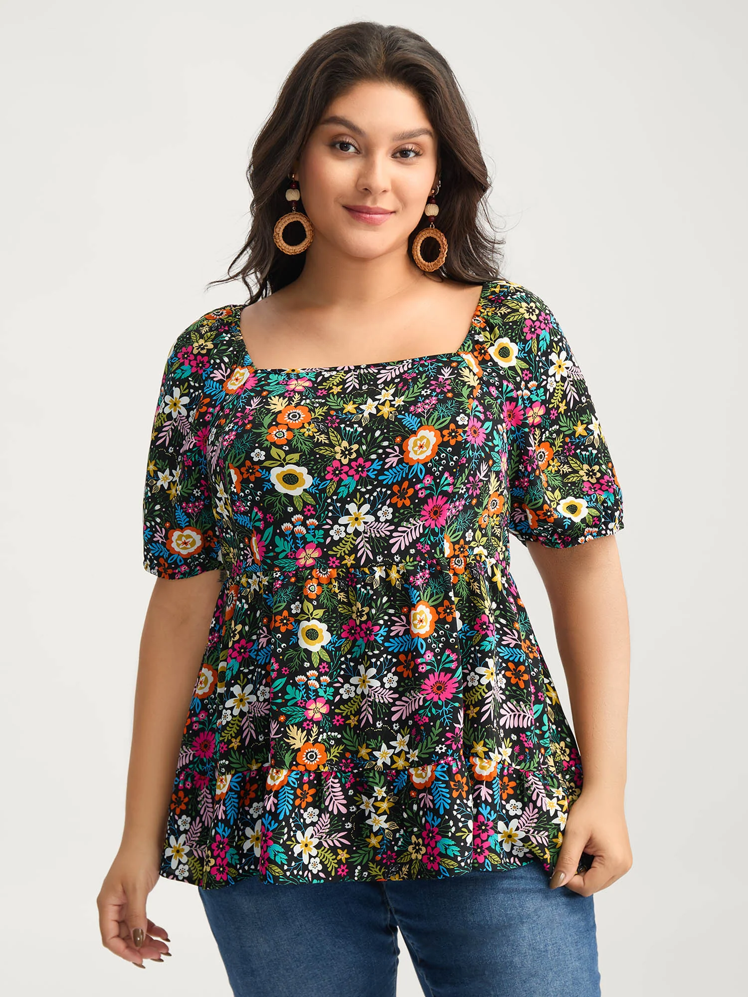 Floral Square Neck Fit and Flare Blouse - Image 2