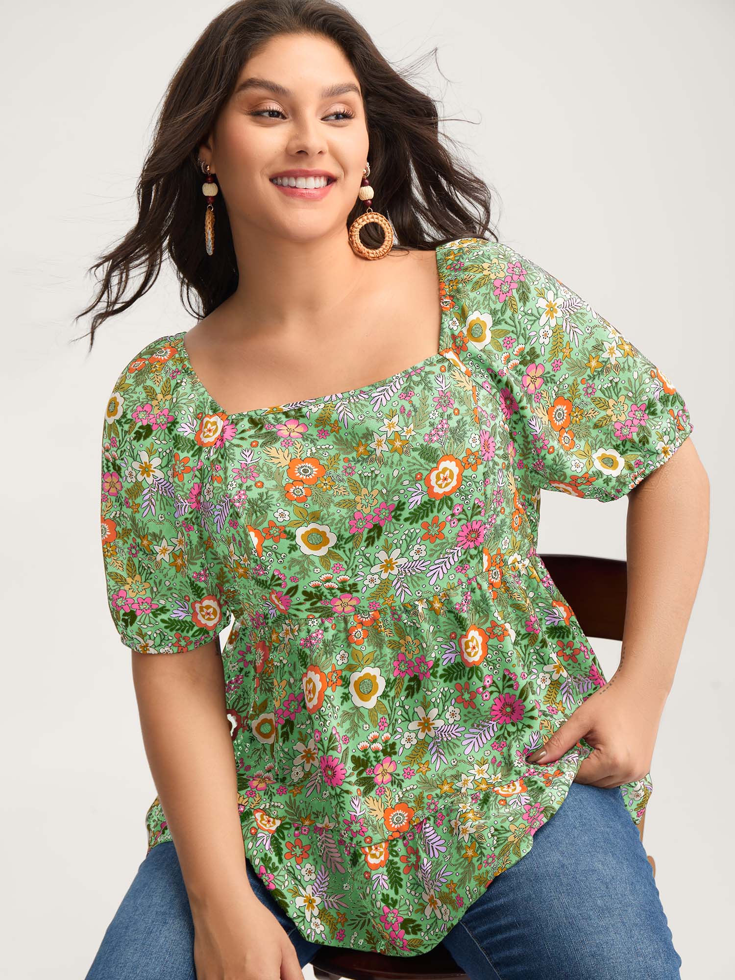 Floral Square Neck Fit and Flare Blouse - Image 8