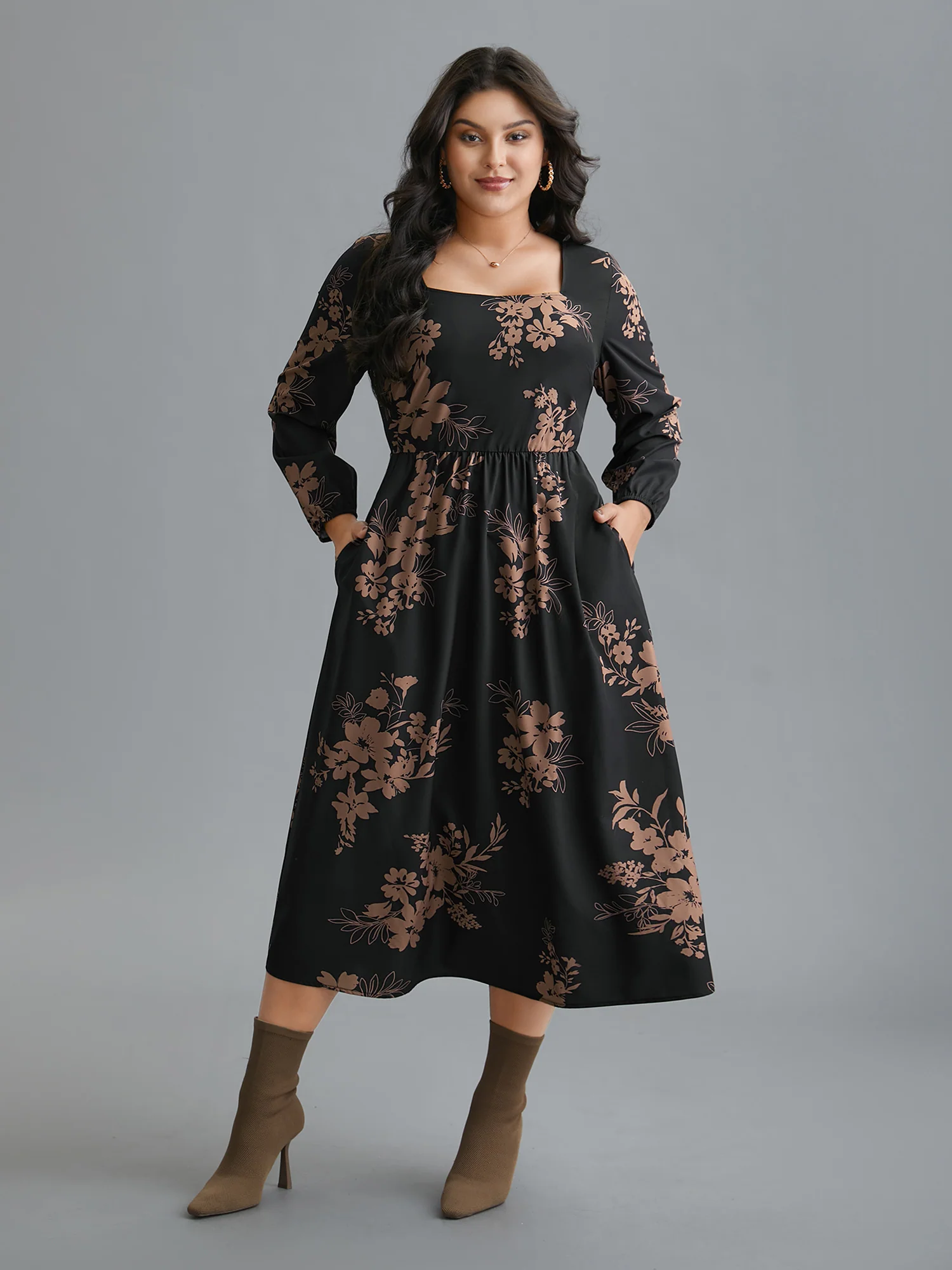 Floral Square Neck Pocket Midi Dress - Image 3