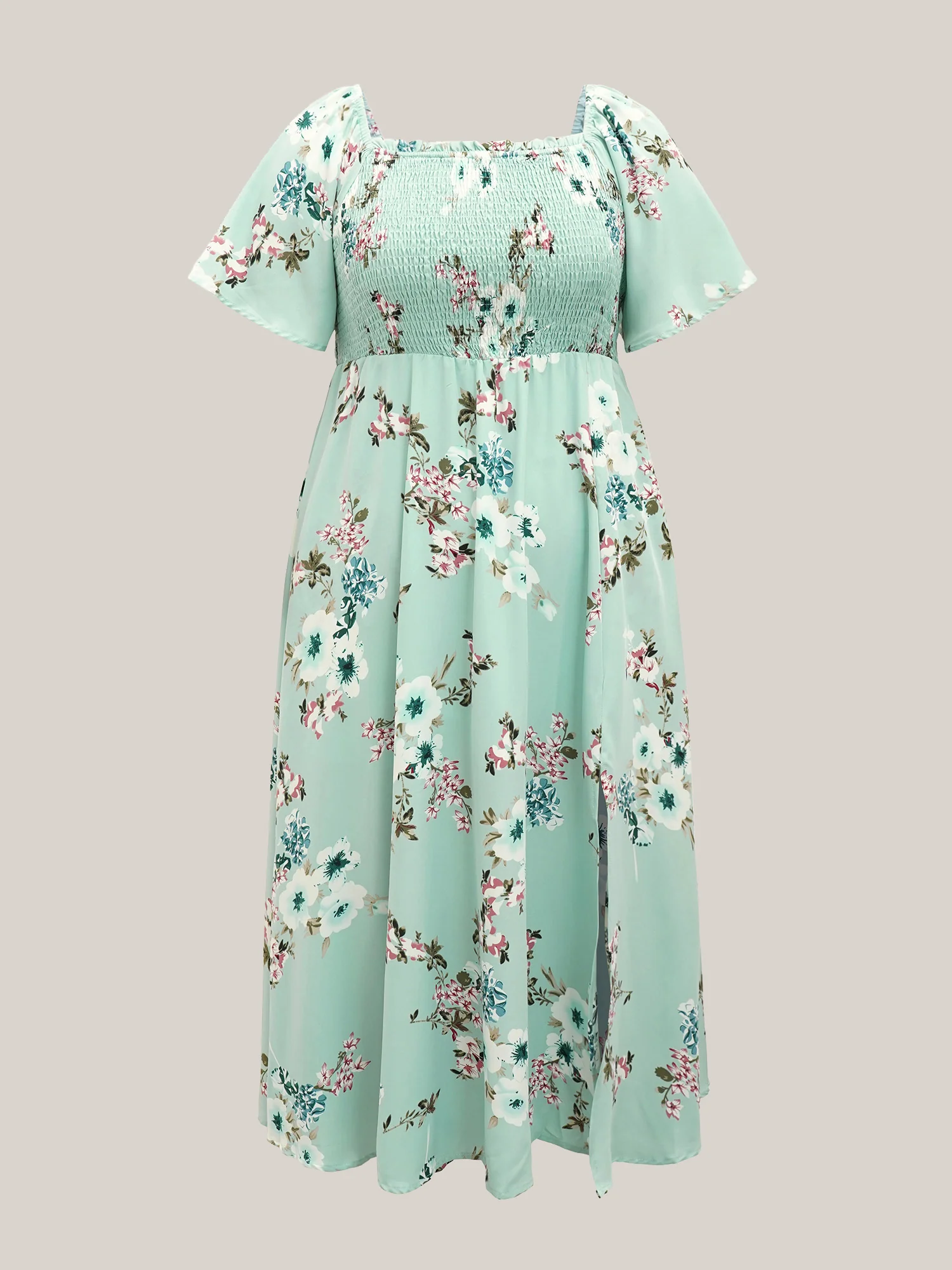 Floral Square Neck Ruffles Pocket Shirred Split Dress - Image 10