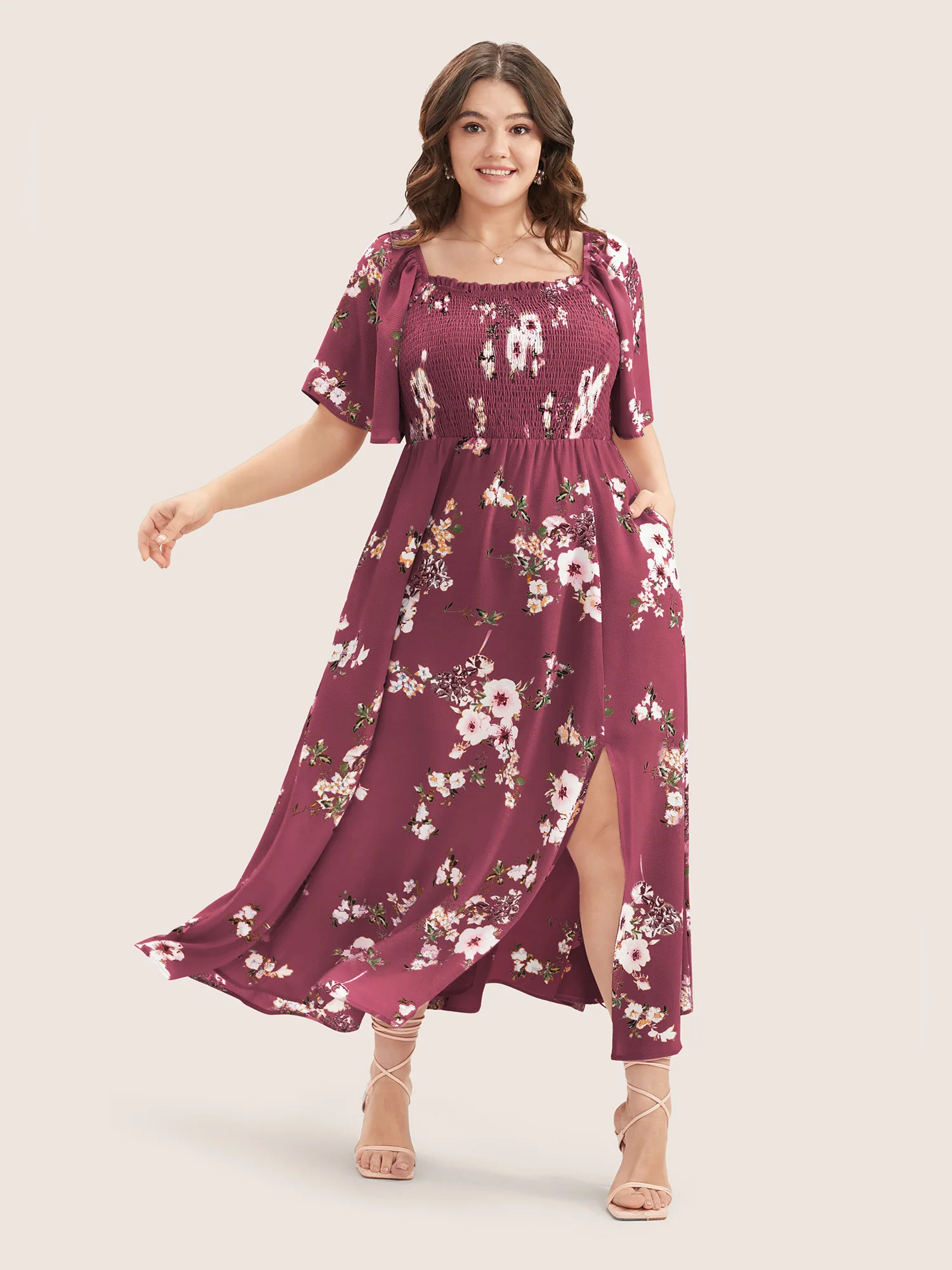 Floral Square Neck Ruffles Pocket Shirred Split Dress - Image 11