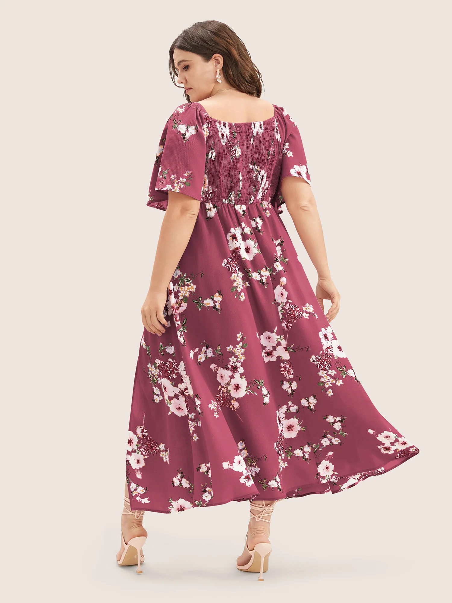 Floral Square Neck Ruffles Pocket Shirred Split Dress - Image 12