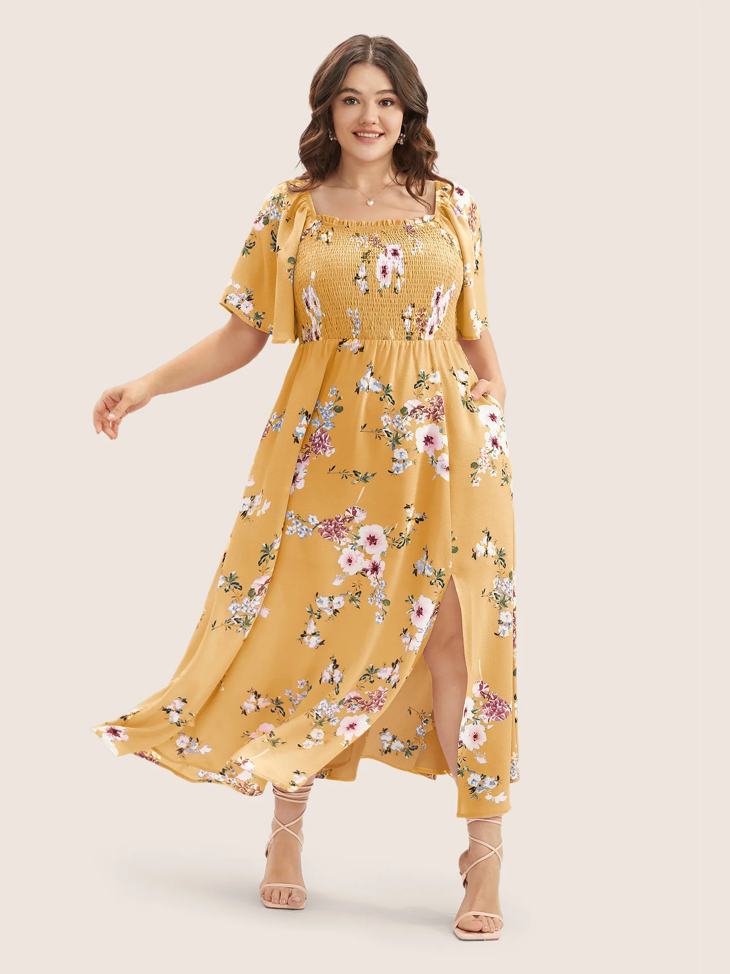 Floral Square Neck Ruffles Pocket Shirred Split Dress - Image 13