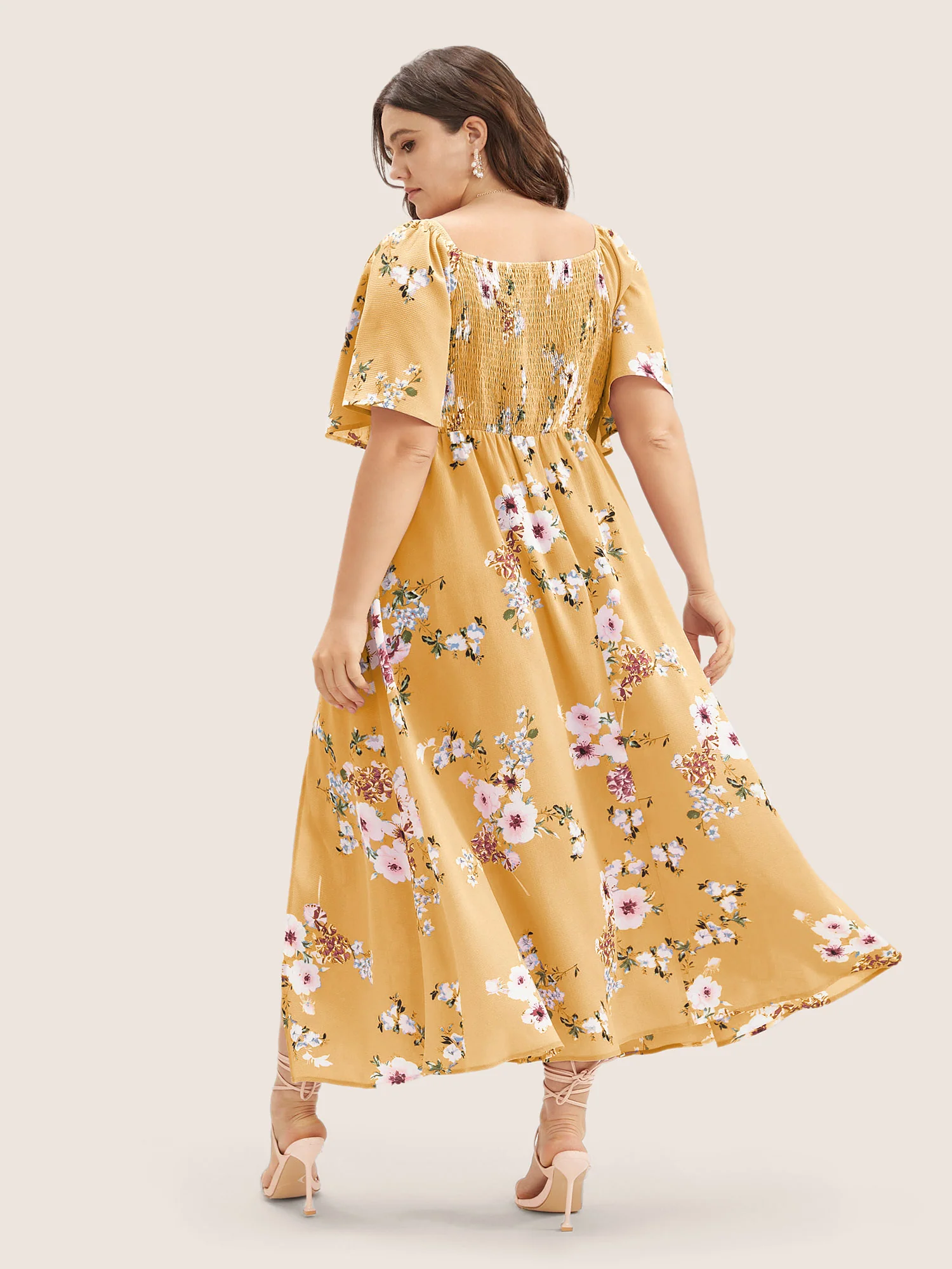 Floral Square Neck Ruffles Pocket Shirred Split Dress - Image 14