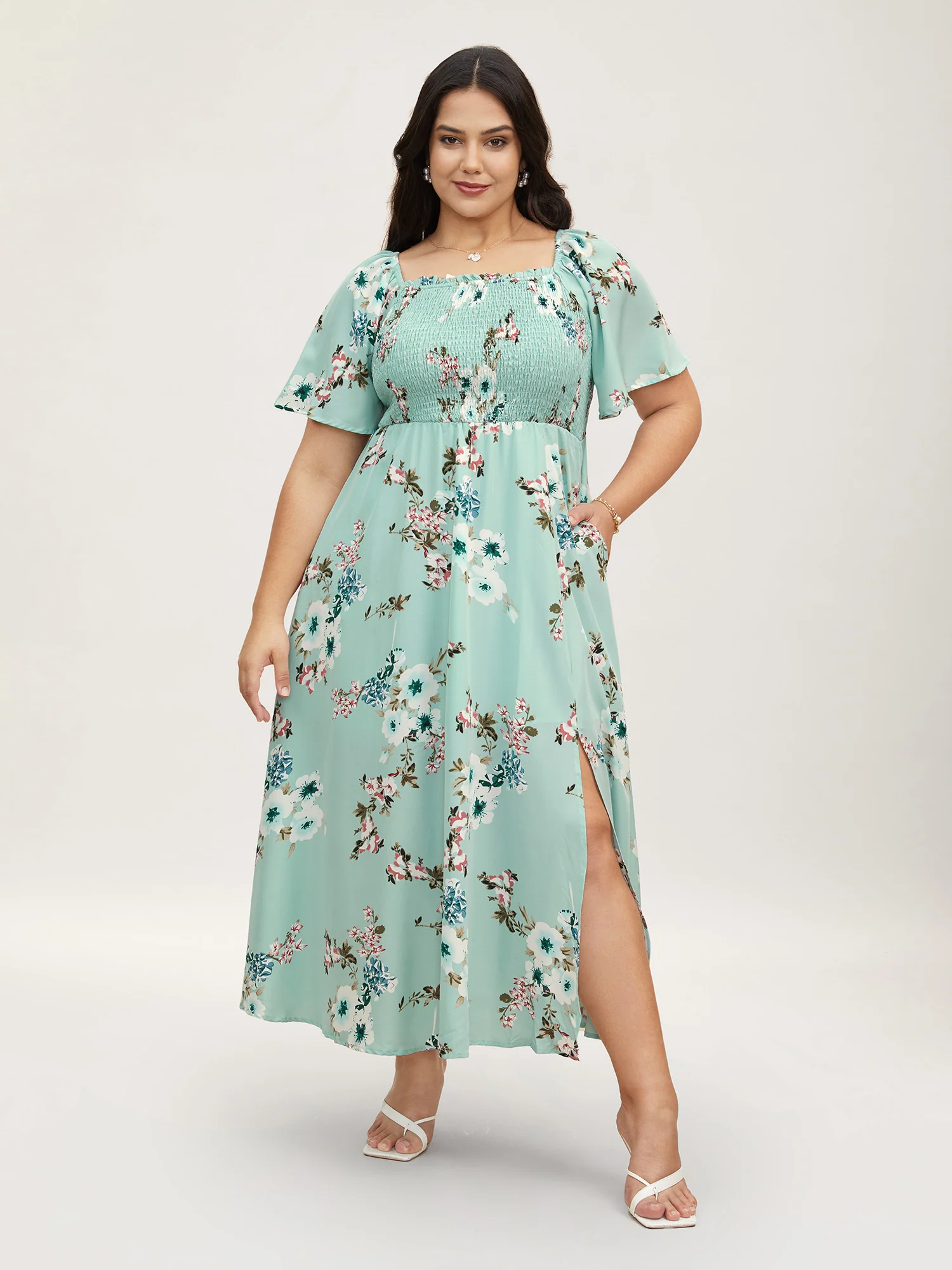 Floral Square Neck Ruffles Pocket Shirred Split Dress - Image 5