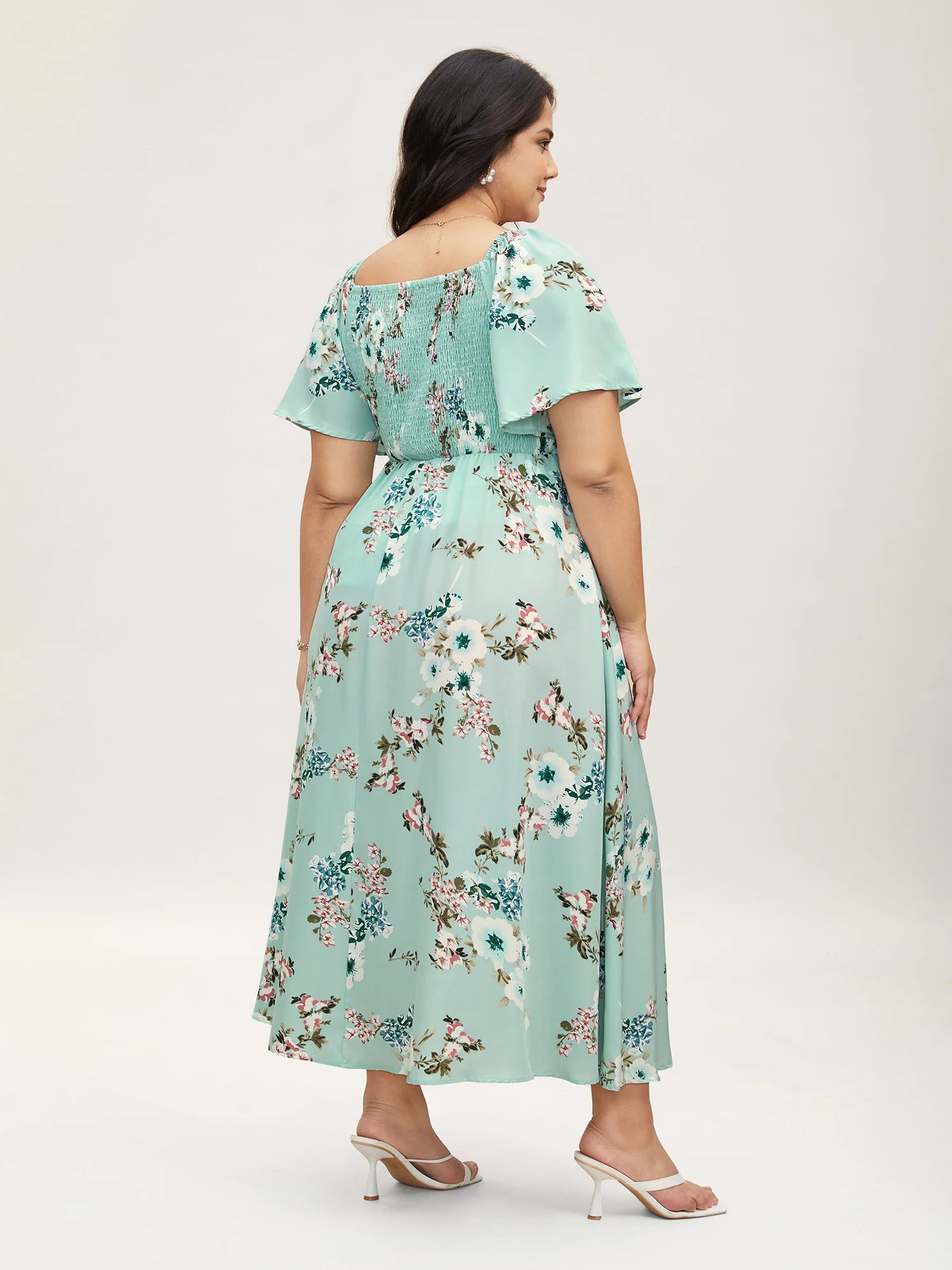 Floral Square Neck Ruffles Pocket Shirred Split Dress - Image 6