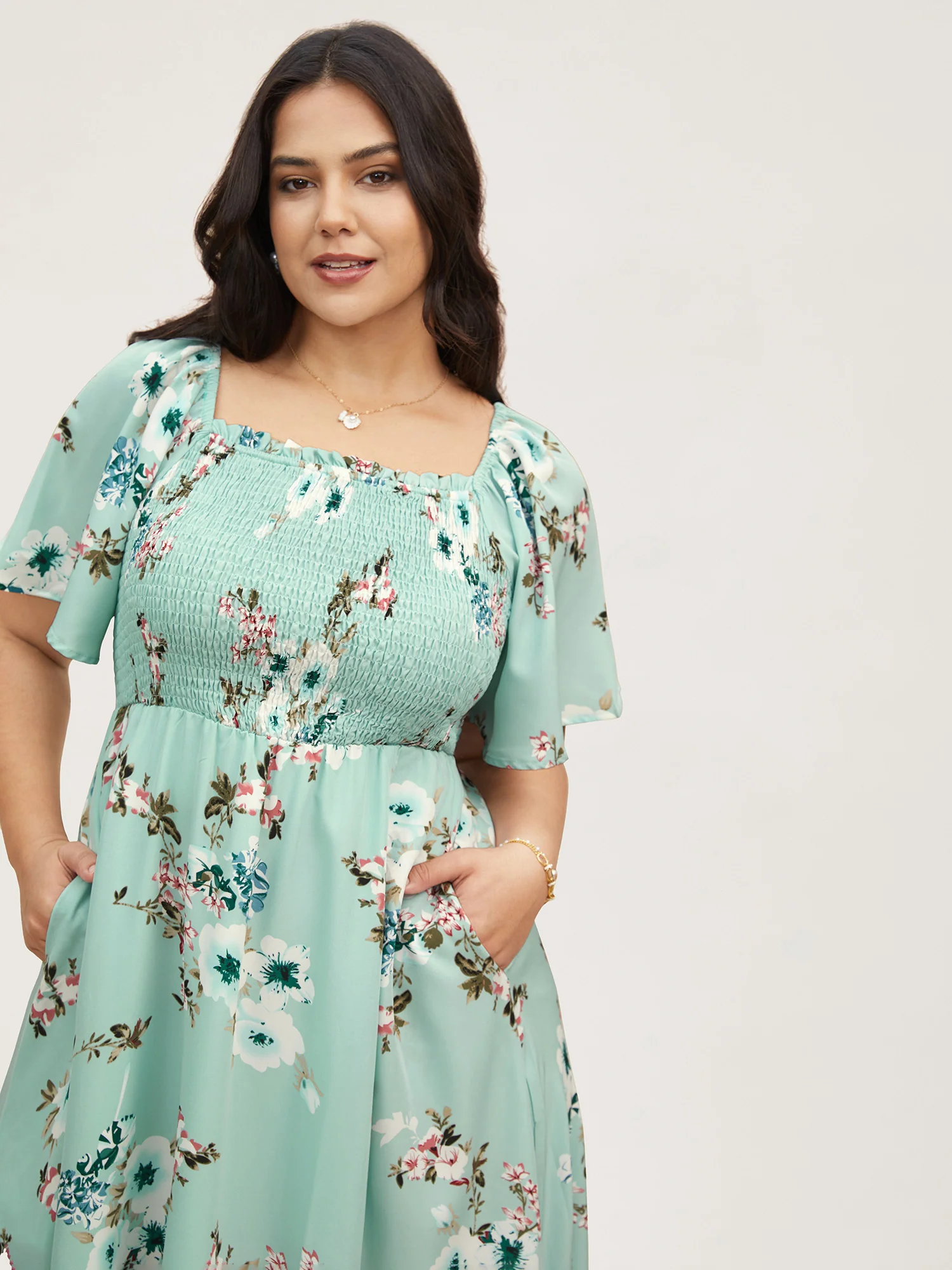Floral Square Neck Ruffles Pocket Shirred Split Dress - Image 7