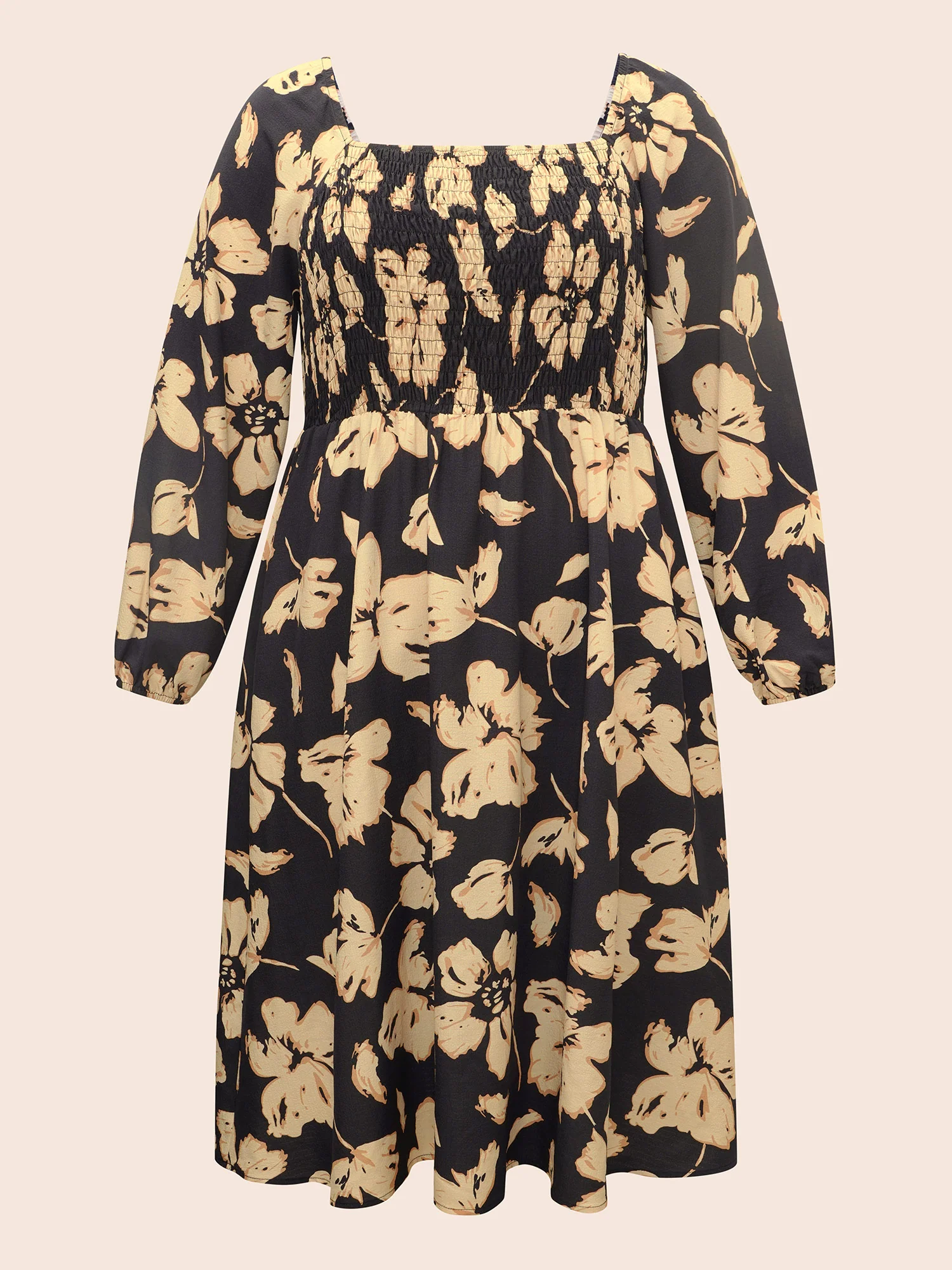 Floral Square Neck Shirred Lantern Sleeve Dress - Image 7
