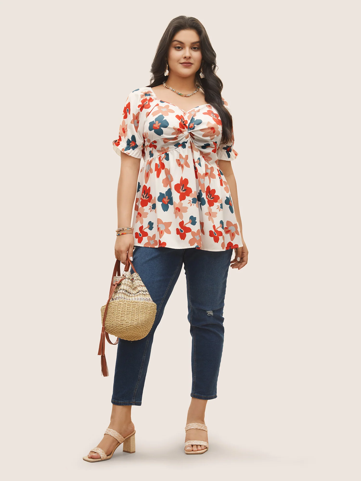 Floral Square Neck Twist Front Elastic Waist Blouse - Image 2