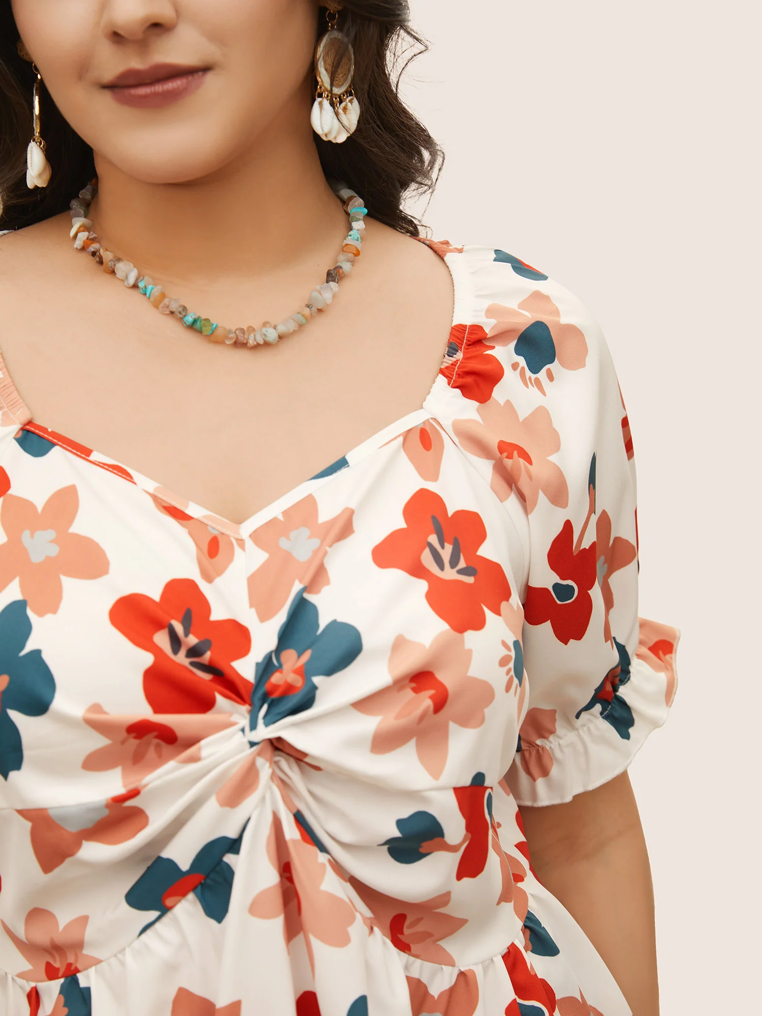 Floral Square Neck Twist Front Elastic Waist Blouse - Image 3