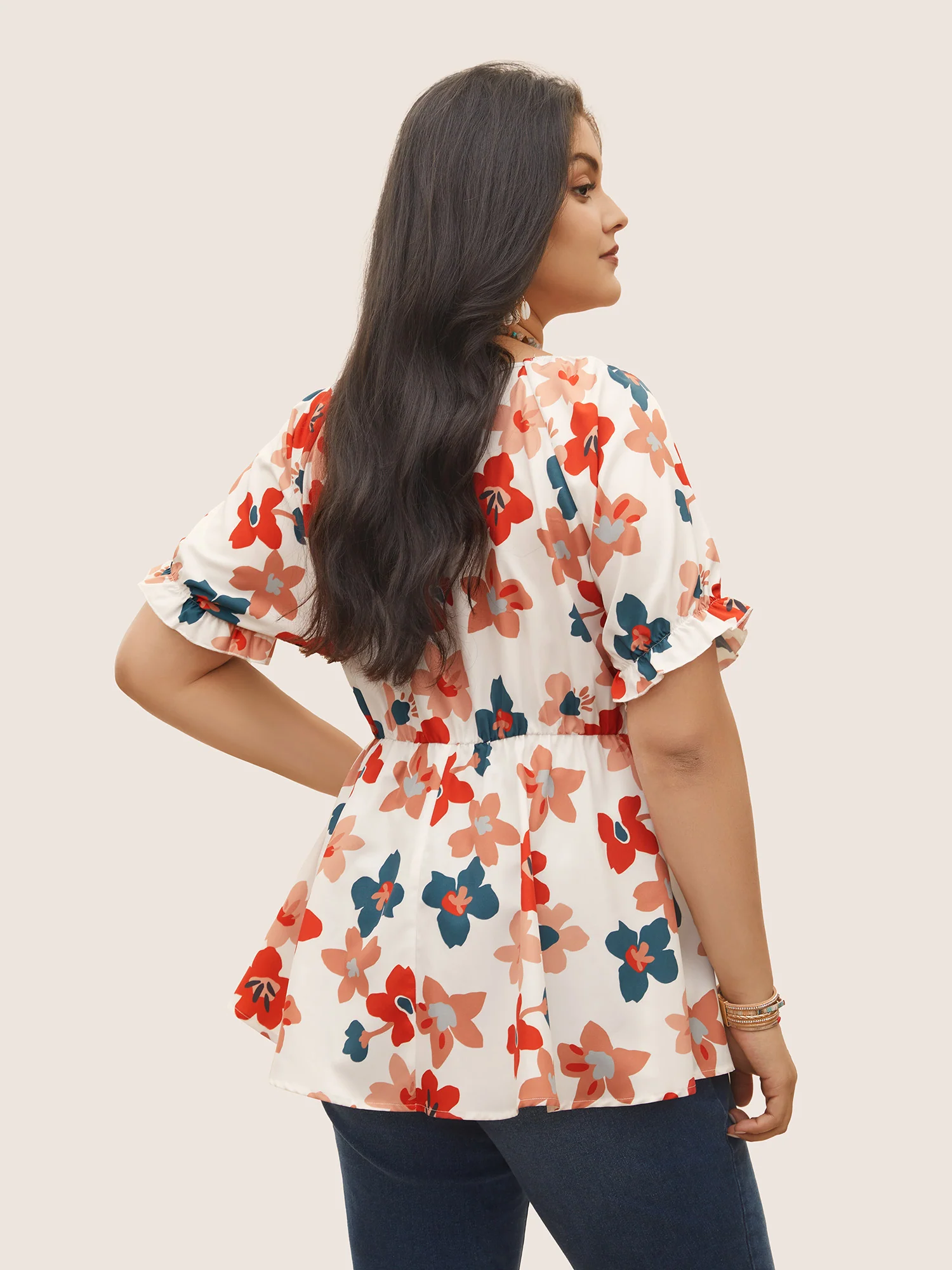 Floral Square Neck Twist Front Elastic Waist Blouse - Image 4