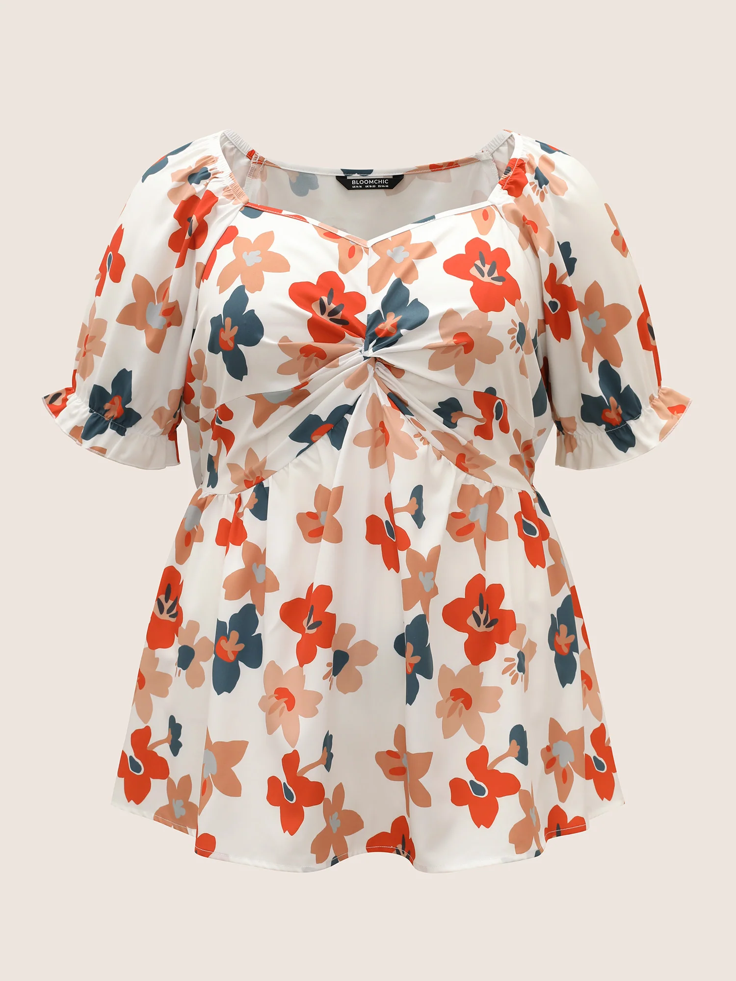 Floral Square Neck Twist Front Elastic Waist Blouse - Image 7