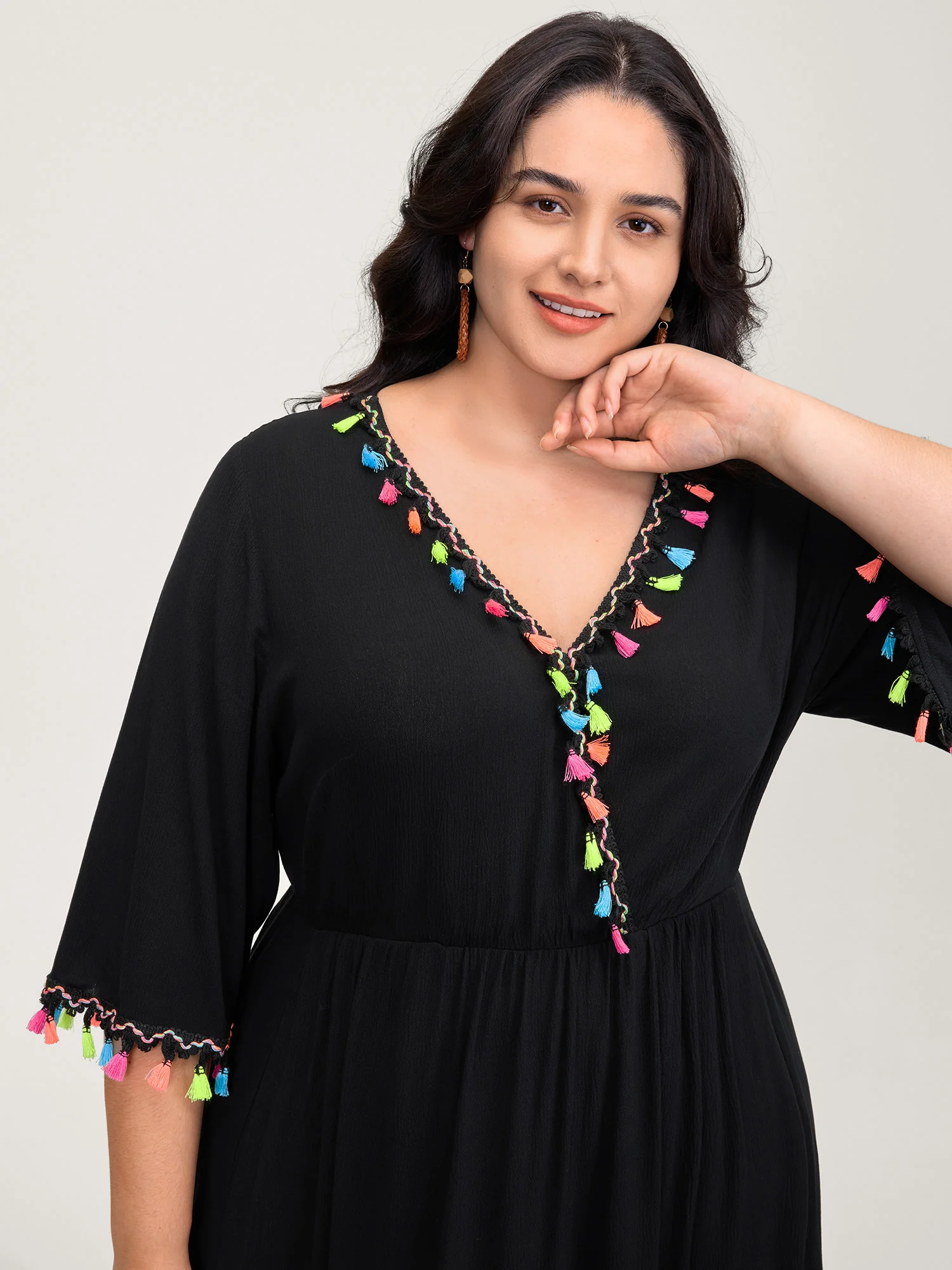 Floral Stretchy Embroidery Tassels Maxi Dress - Image 3