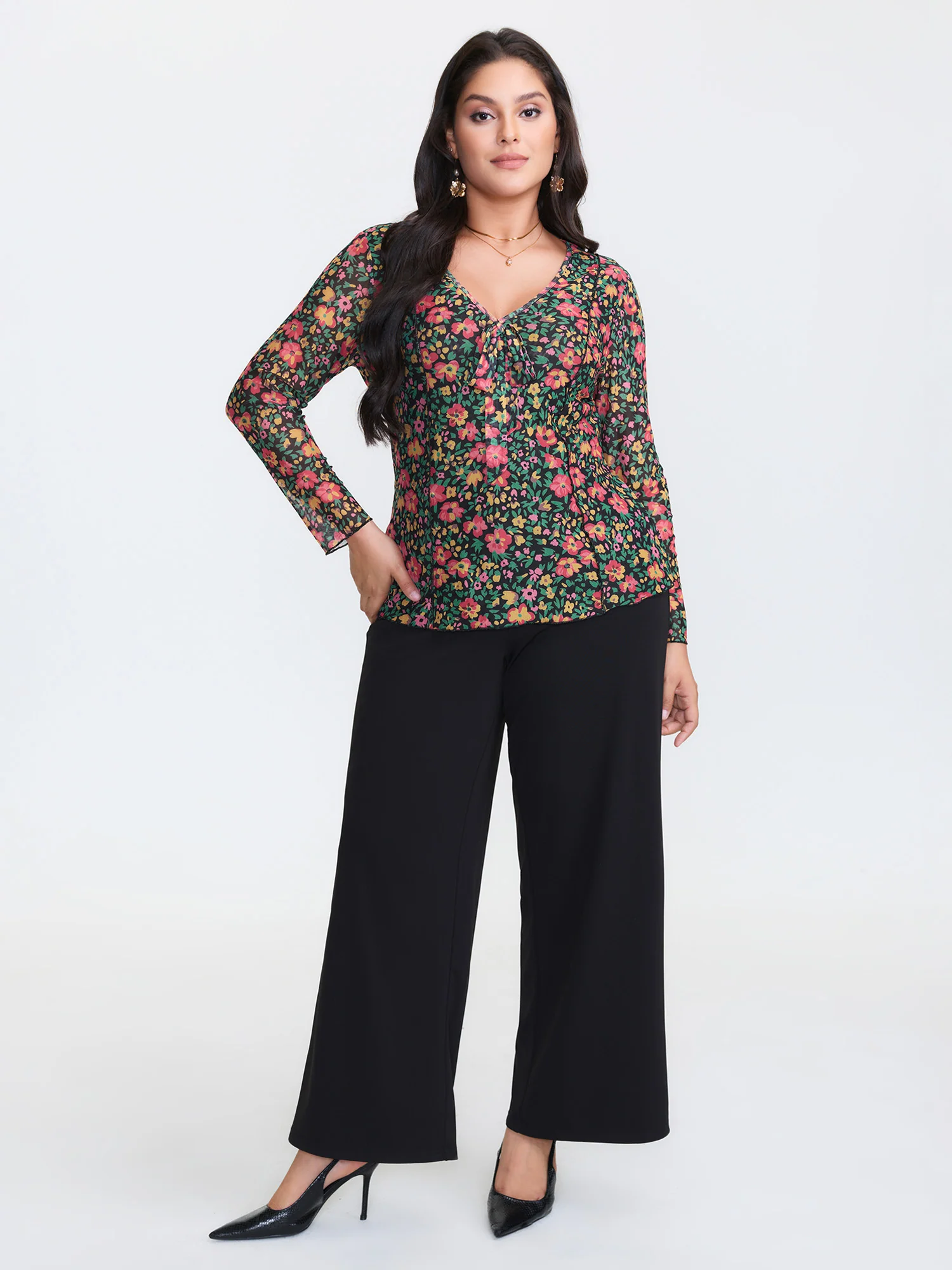 Floral Stretchy Mesh Front-Tie Blouse - Image 2