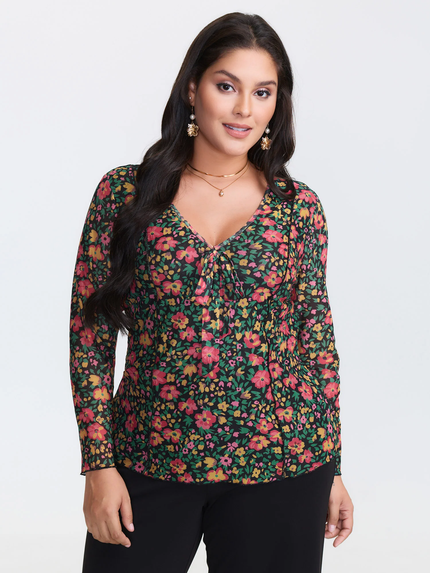Floral Stretchy Mesh Front-Tie Blouse - Image 4