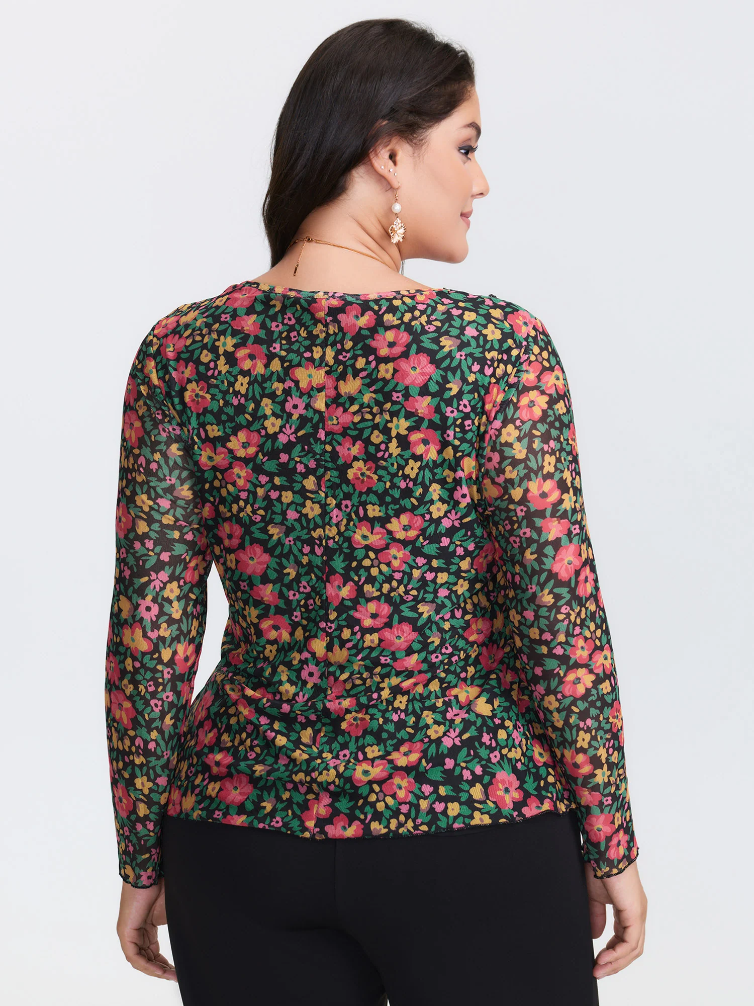 Floral Stretchy Mesh Front-Tie Blouse - Image 5