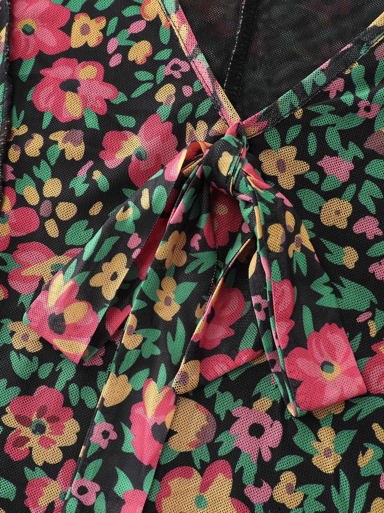 Floral Stretchy Mesh Front-Tie Blouse - Image 6