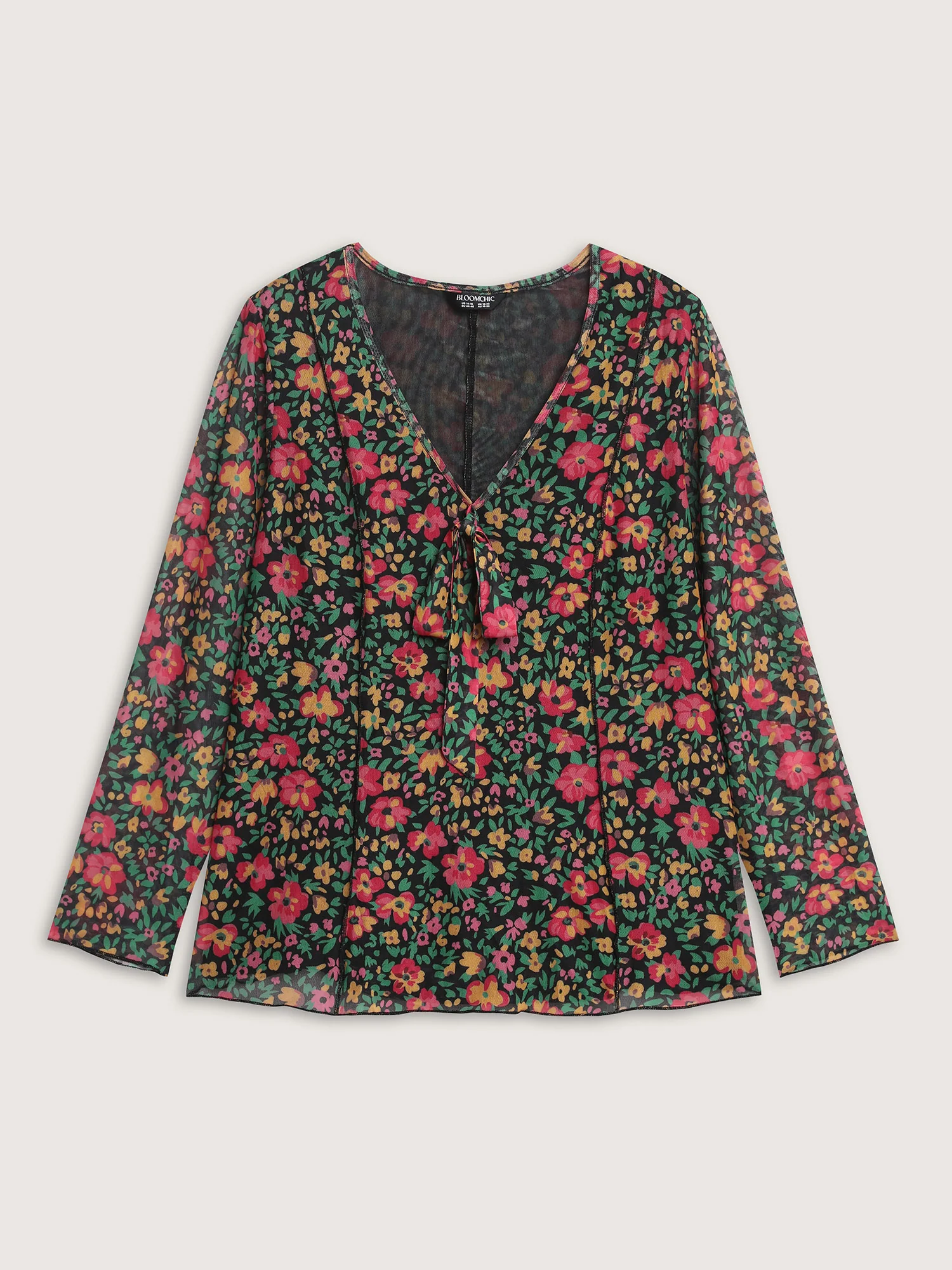 Floral Stretchy Mesh Front-Tie Blouse - Image 8