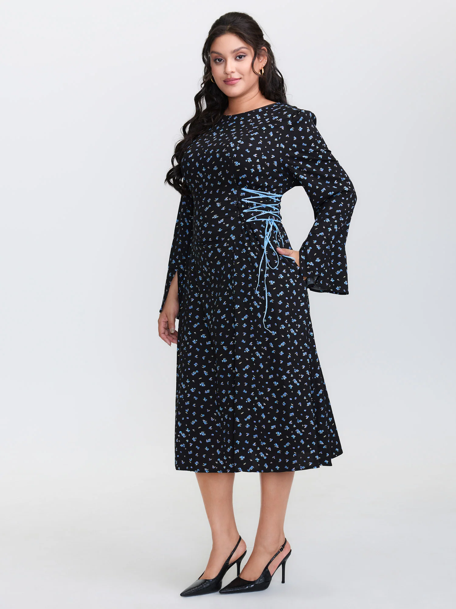 Floral Stretchy Rayon Slit Sleeve Midi Dress - Image 3