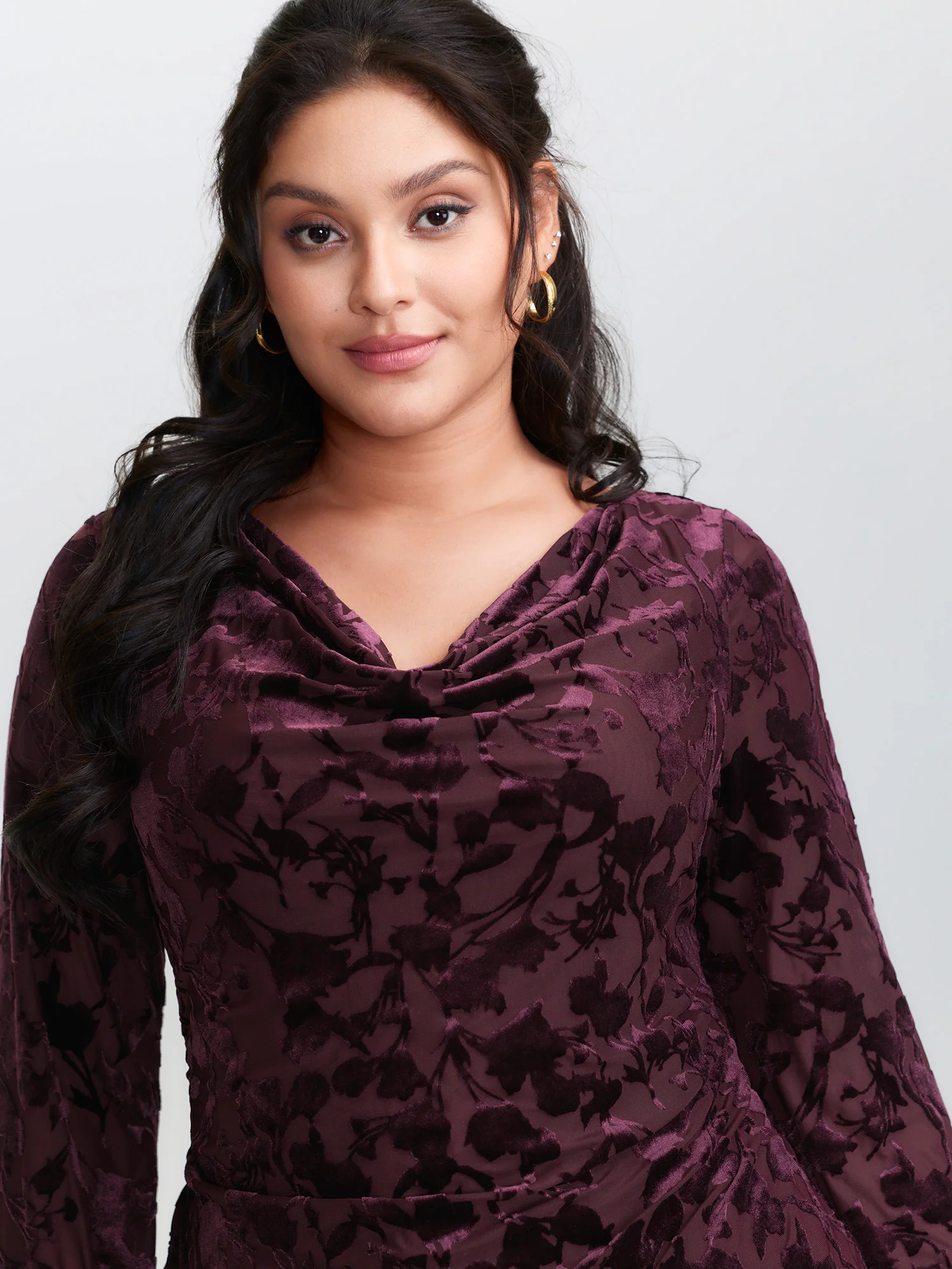 Floral Stretchy Sheer Mesh Cowl Neck Top - Image 2
