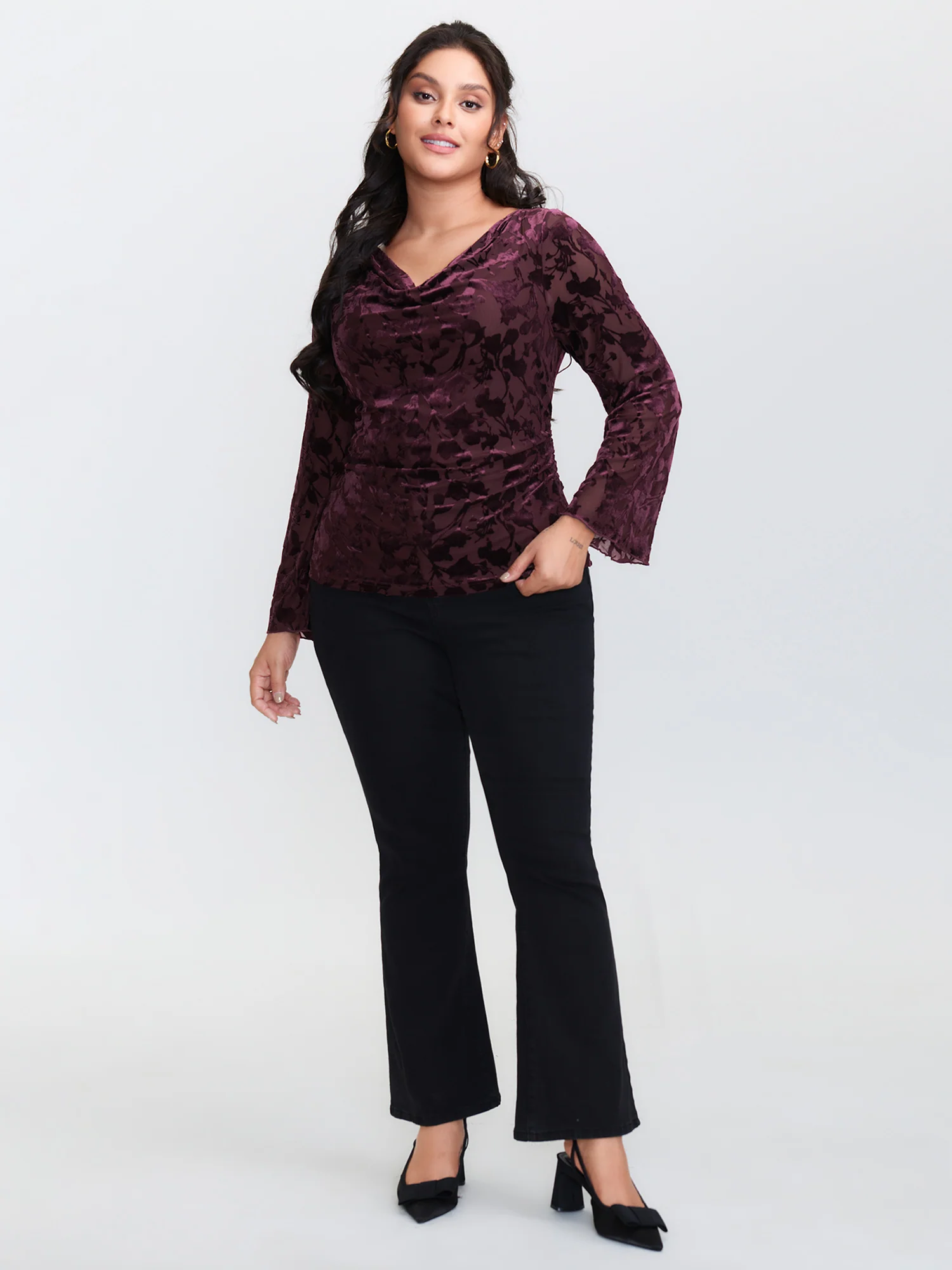 Floral Stretchy Sheer Mesh Cowl Neck Top - Image 3